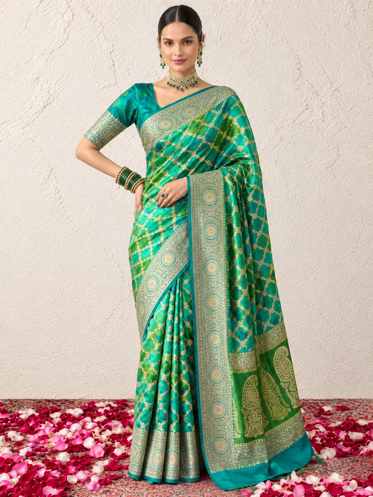 Blue Khaddi Georgette with Green Turq Design and Blouse Fabric