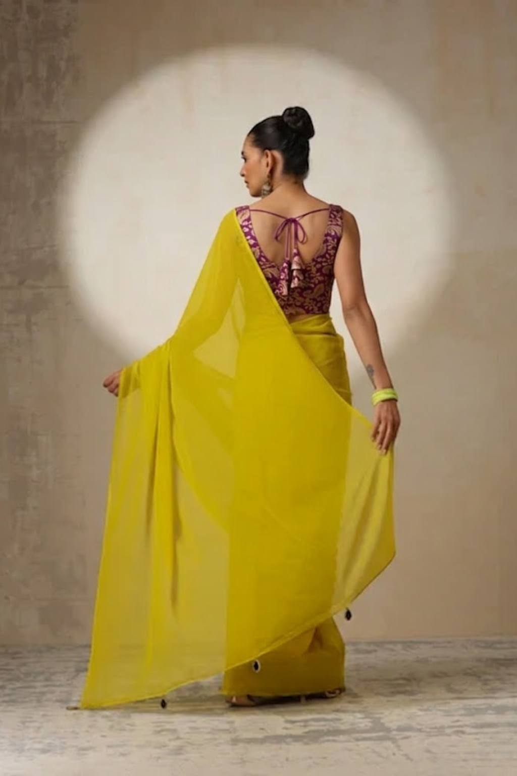 With Stitched Blouse - Purple Brocade Blouse with Yellow Chiffon Saree (Blouse has sleeve attached)