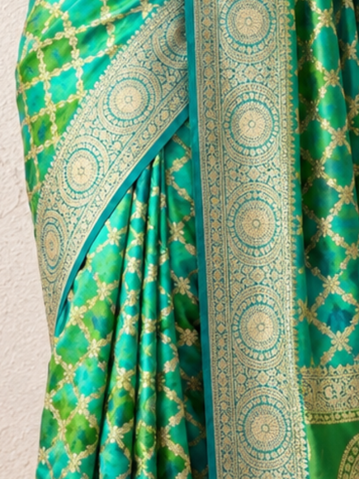 Blue Khaddi Georgette with Green Turq Design and Blouse Fabric