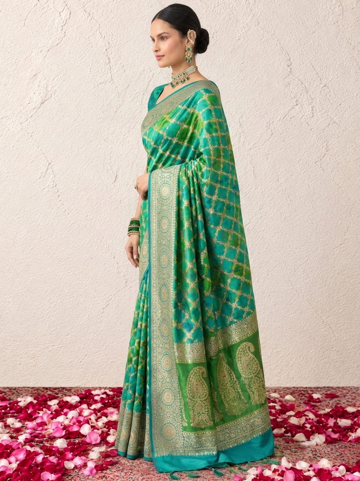 Blue Khaddi Georgette with Green Turq Design and Blouse Fabric