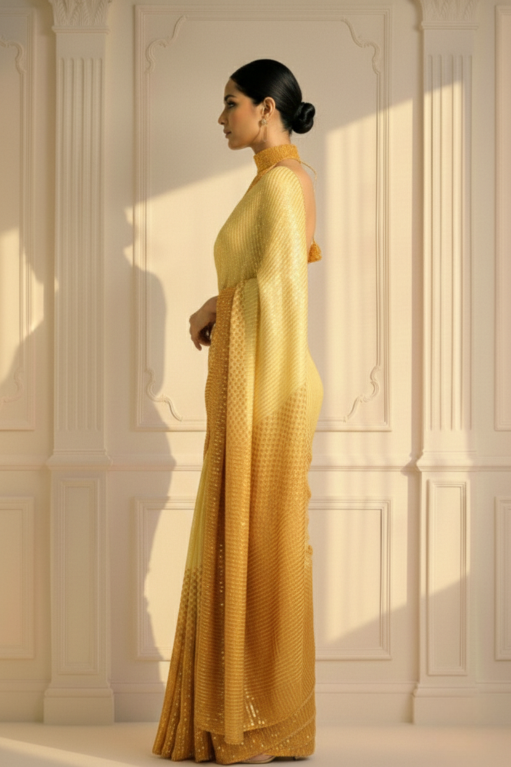 Yellow and Orange Ombre' Knitted Sequin Saree with Blouse Fabric