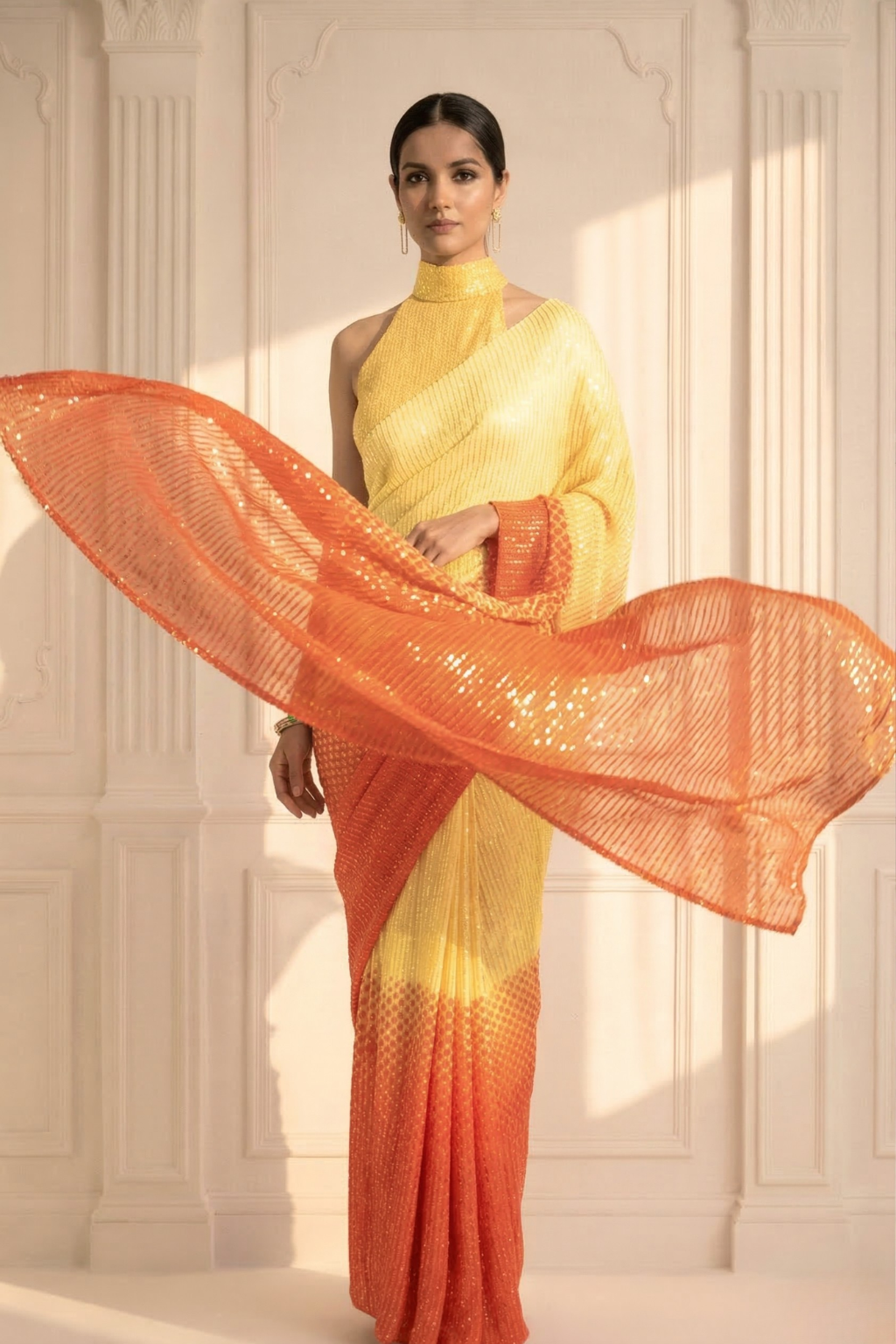 Yellow and Orange Ombre' Knitted Sequin Saree with Blouse Fabric