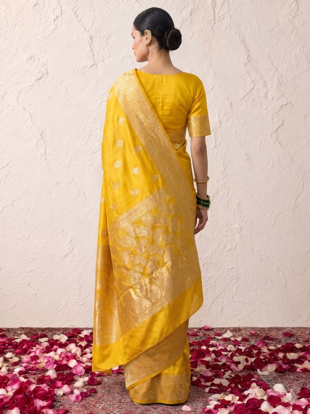 Yellow and Gold Silver Pure Silk Saree with Meenakari and Blouse Fabric