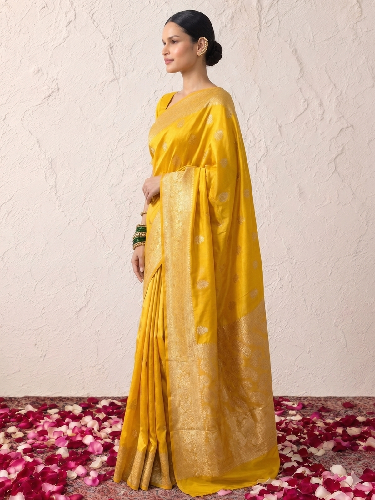 Yellow and Gold Silver Pure Silk Saree with Meenakari and Blouse Fabric