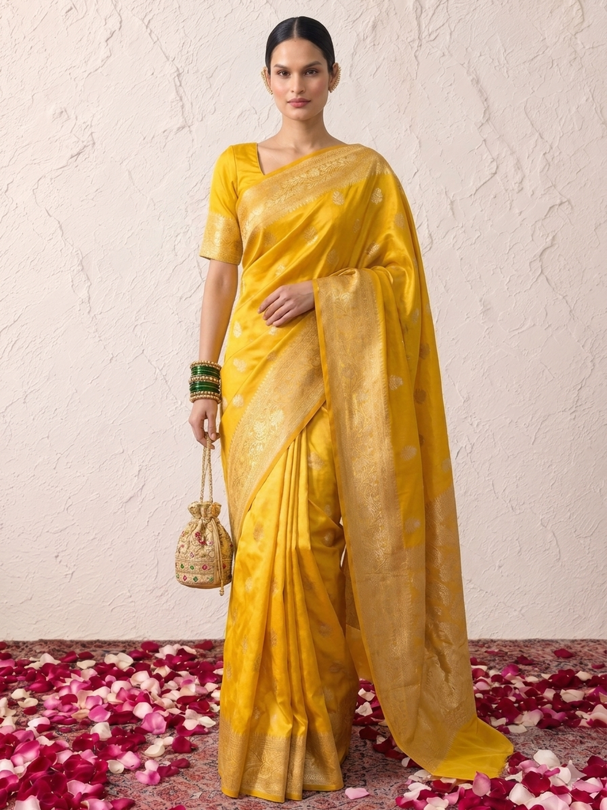 Yellow and Gold Silver Pure Silk Saree with Meenakari and Blouse Fabric
