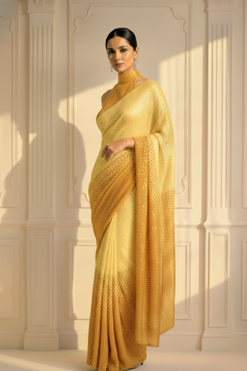 Yellow and Orange Ombre' Knitted Sequin Saree with Blouse Fabric