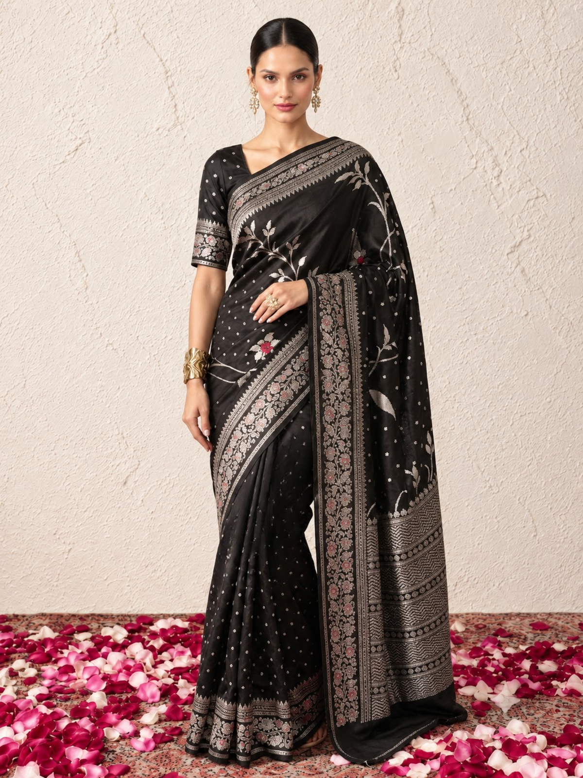 Black and Silver Pure Silk Saree with Meenakari and Blouse Fabric