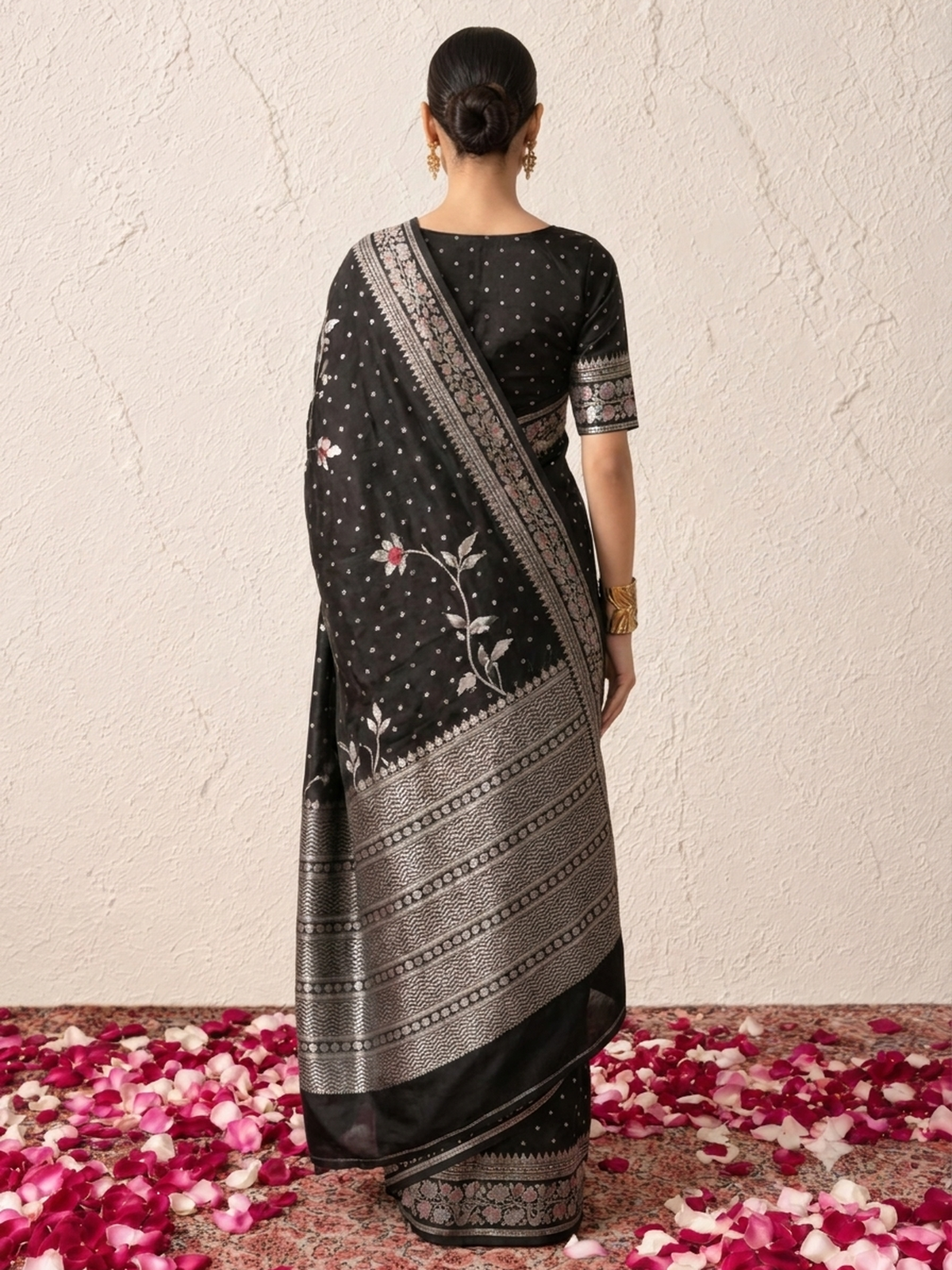 Black and Silver Pure Silk Saree with Meenakari and Blouse Fabric