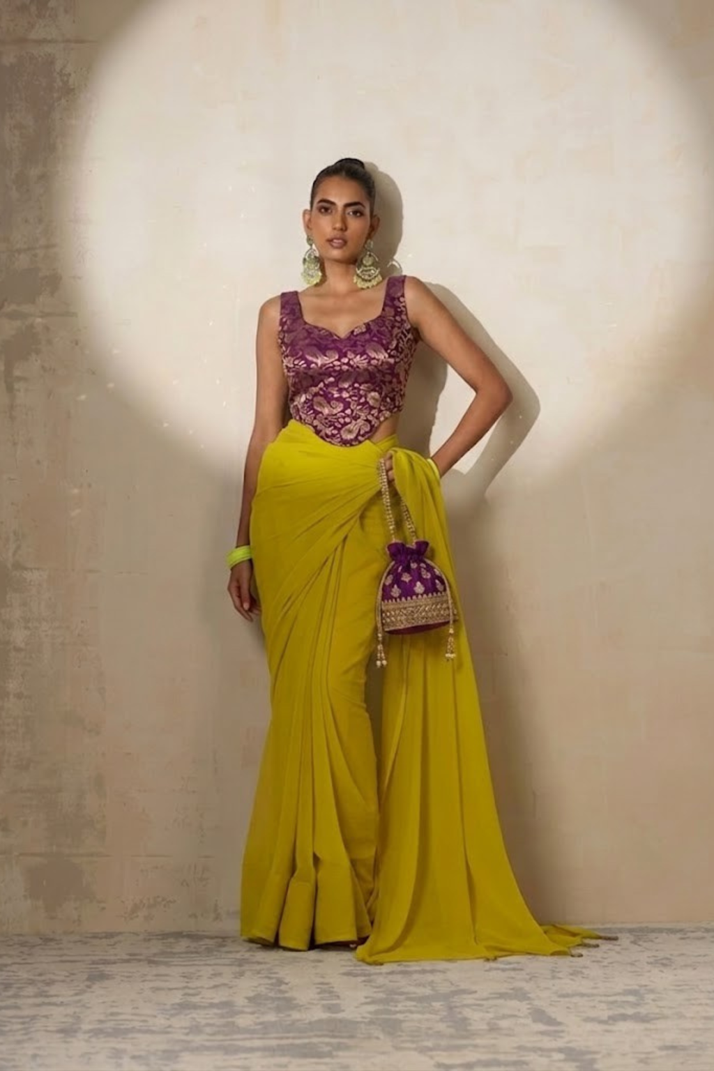 With Stitched Blouse - Purple Brocade Blouse with Yellow Chiffon Saree (Blouse has sleeve attached)