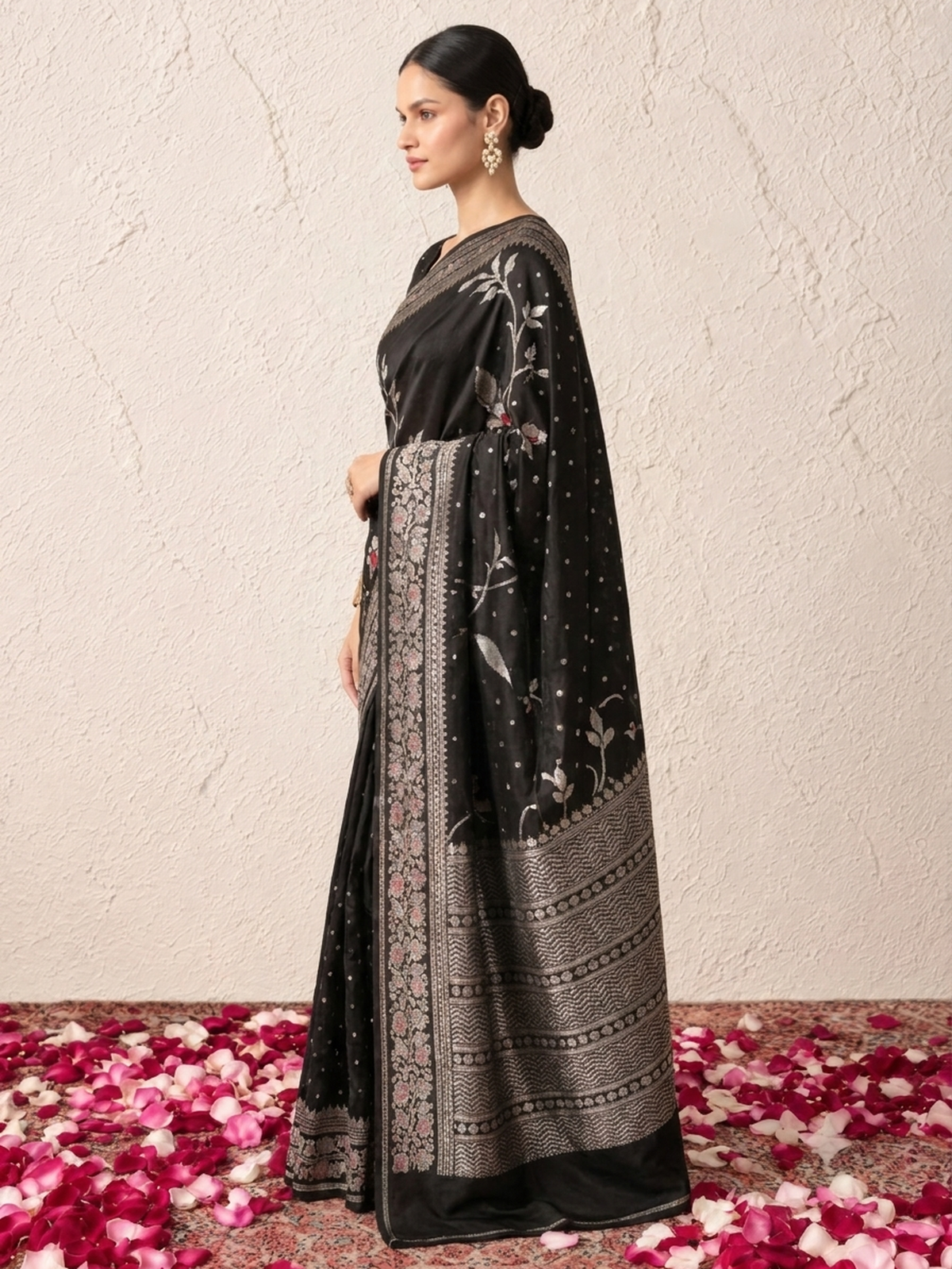 Black and Silver Pure Silk Saree with Meenakari and Blouse Fabric