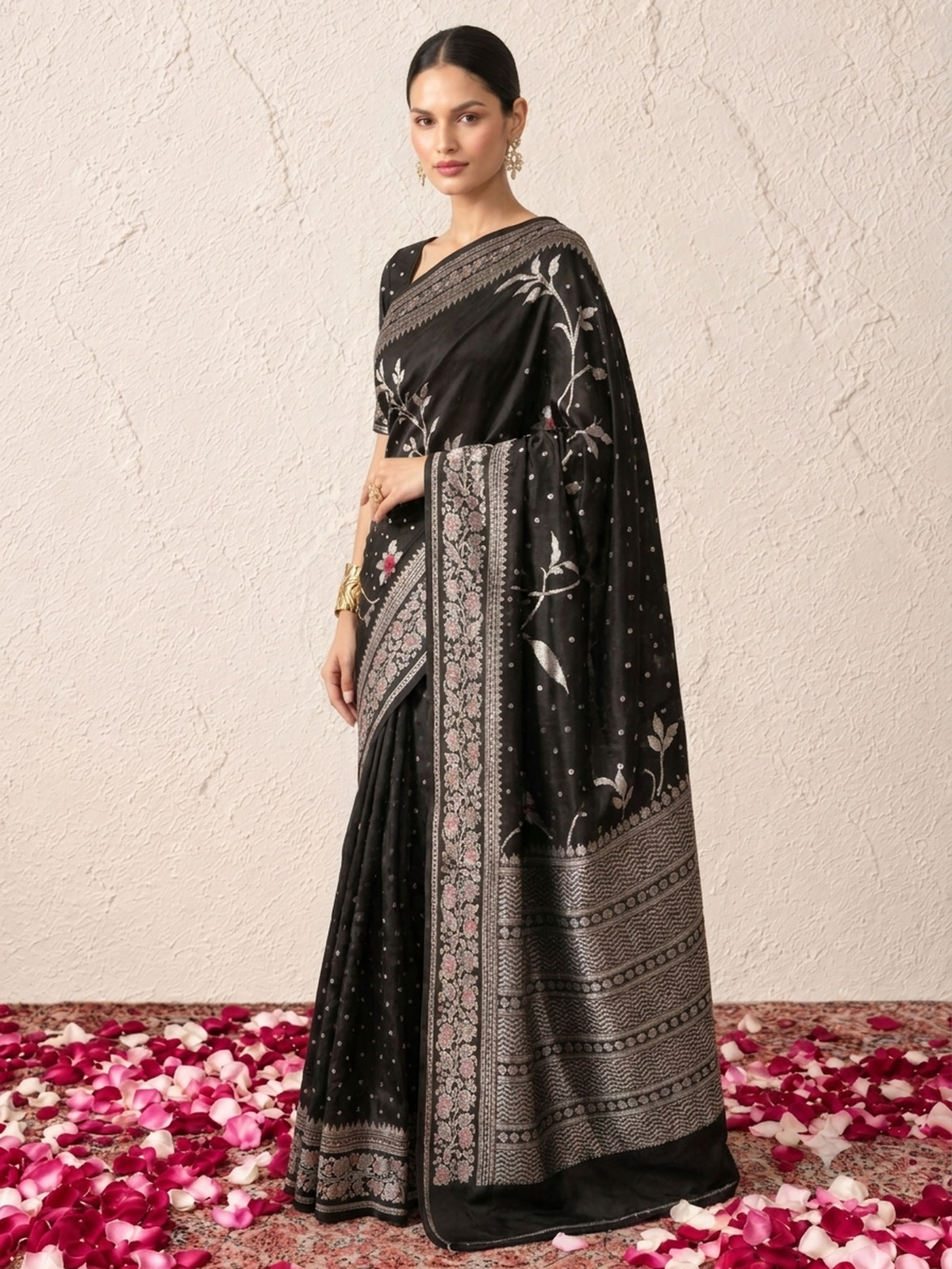 Black and Silver Pure Silk Saree with Meenakari and Blouse Fabric