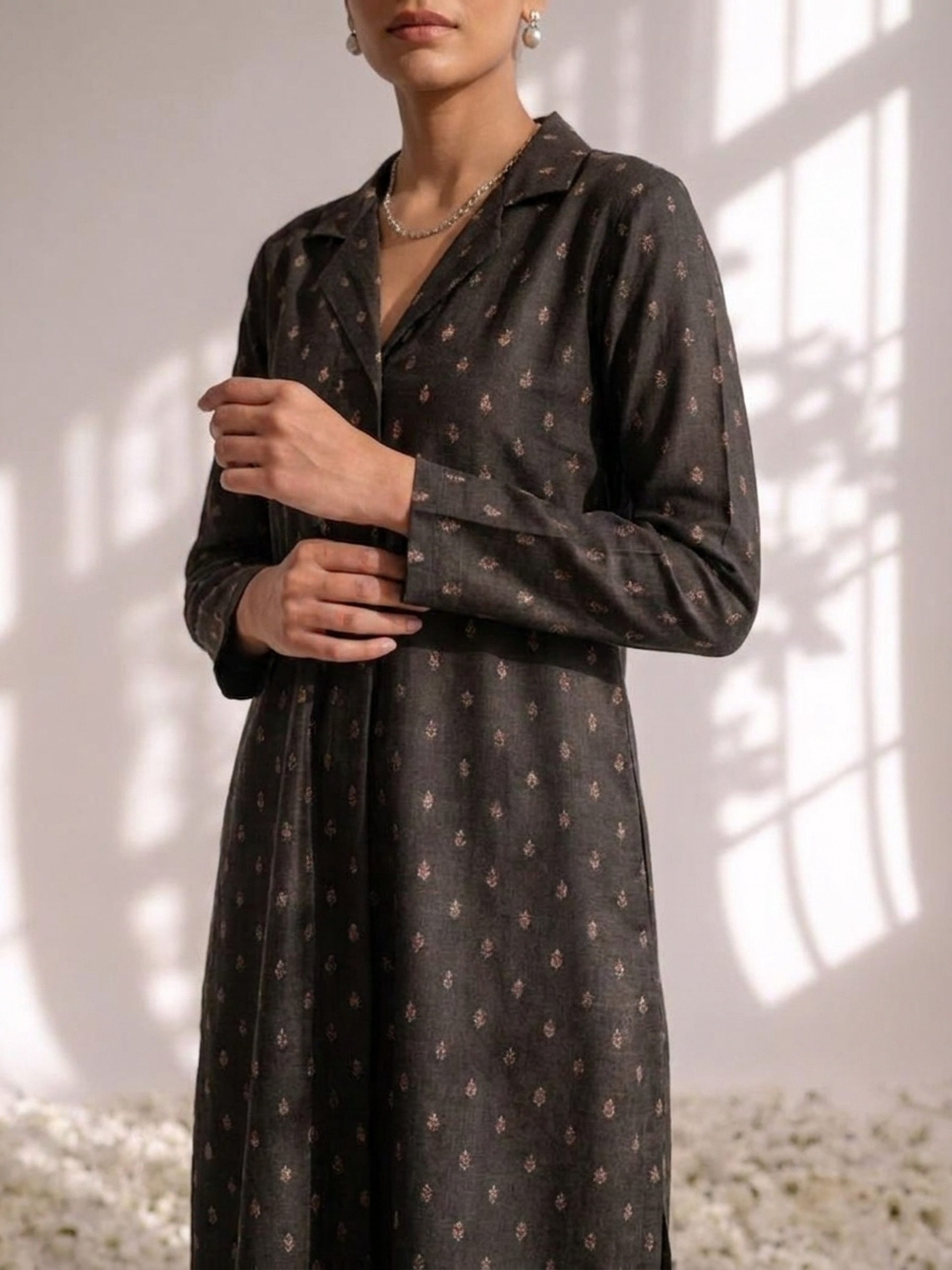 Black Banarasi viscose silk collared kurta with pants — view 3