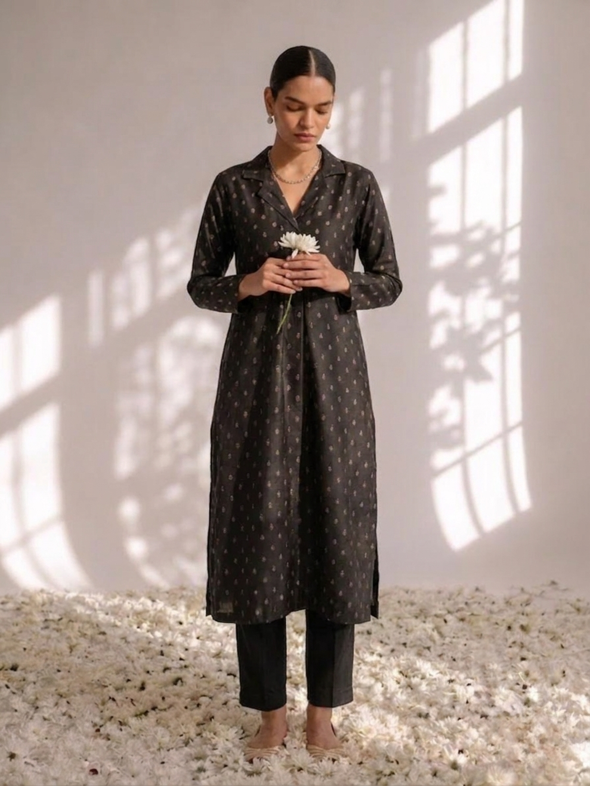 Black Banarasi viscose silk collared kurta with pants