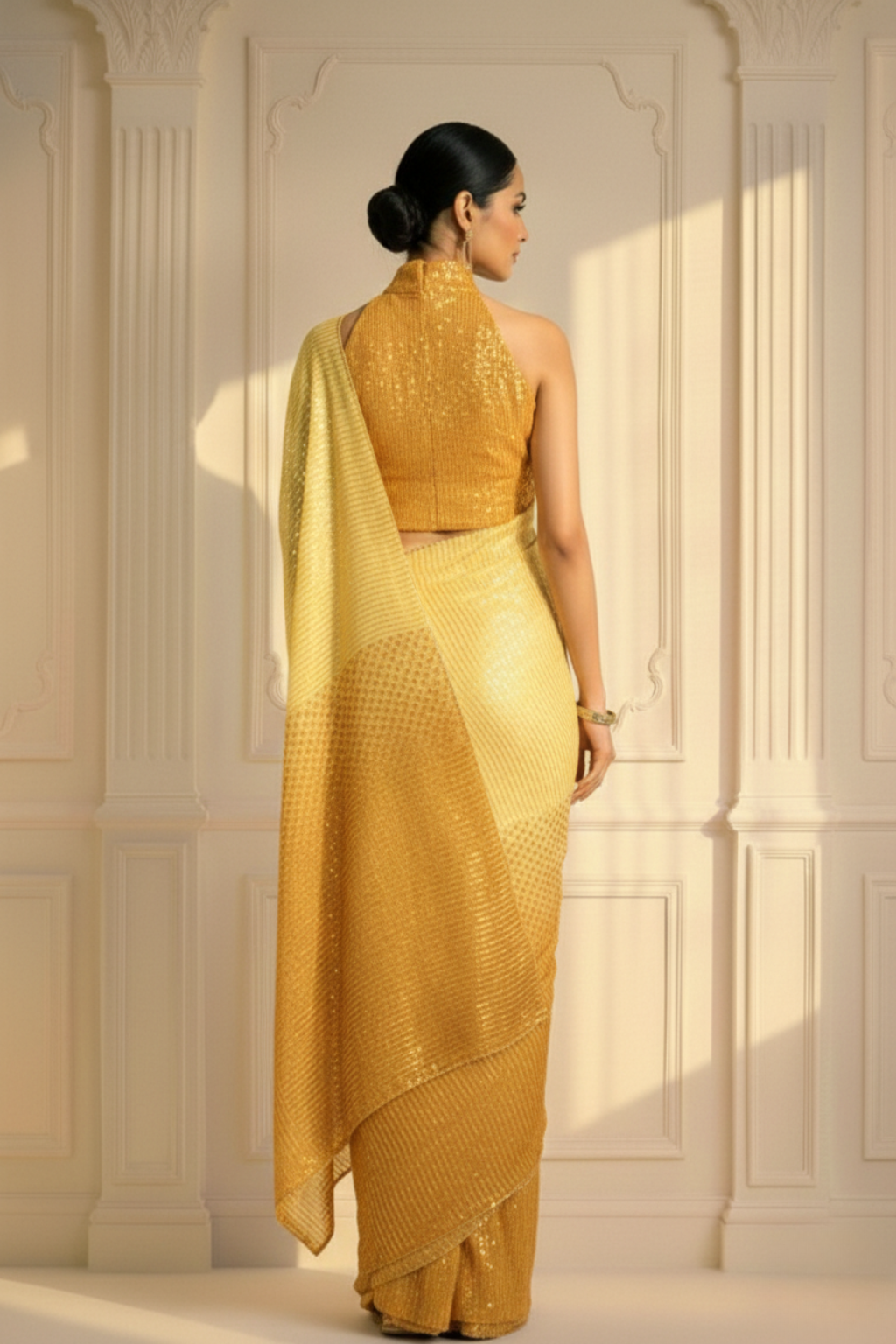 Yellow and Orange Ombre' Knitted Sequin Saree with Blouse Fabric