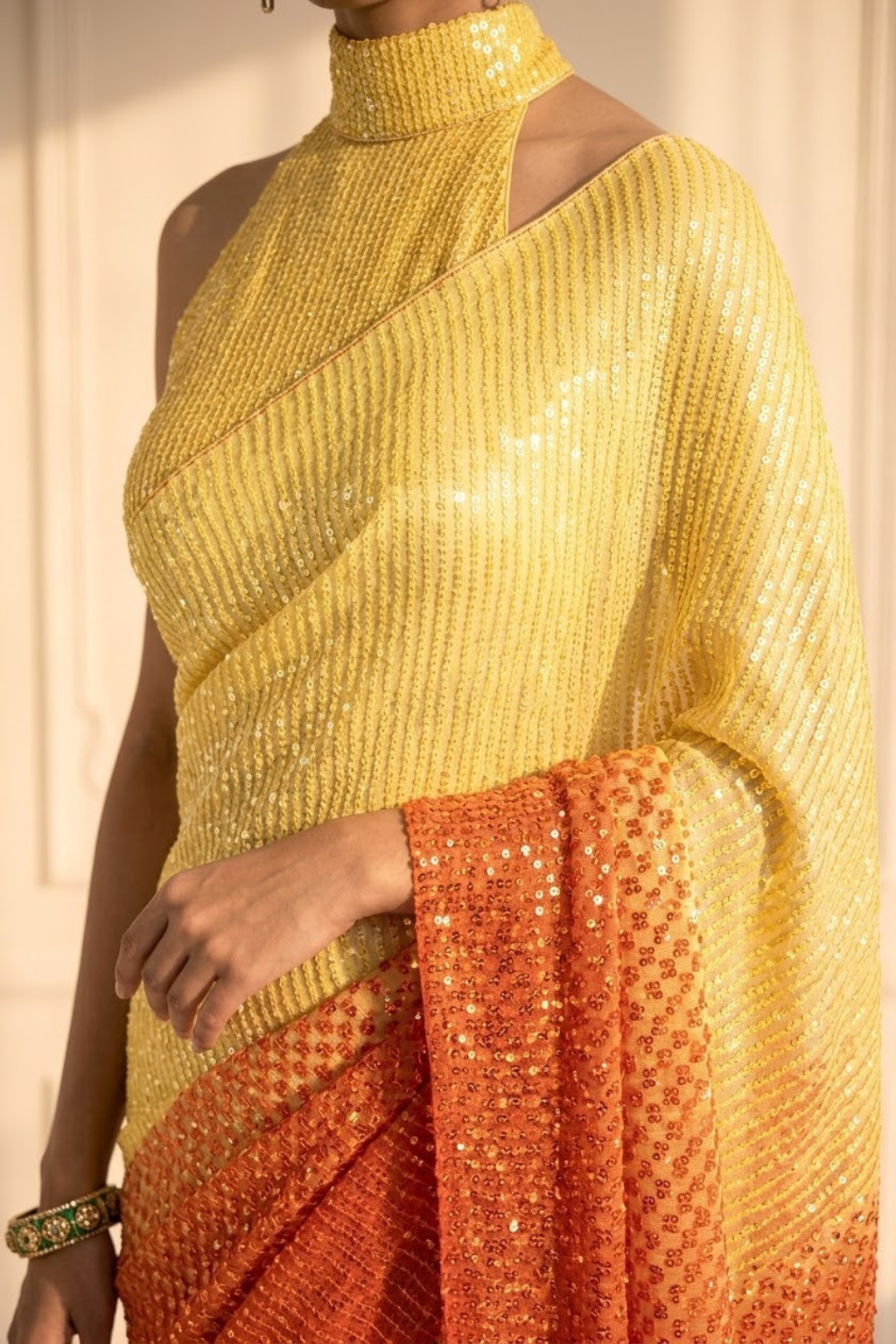 Yellow and Orange Ombre' Knitted Sequin Saree with Blouse Fabric