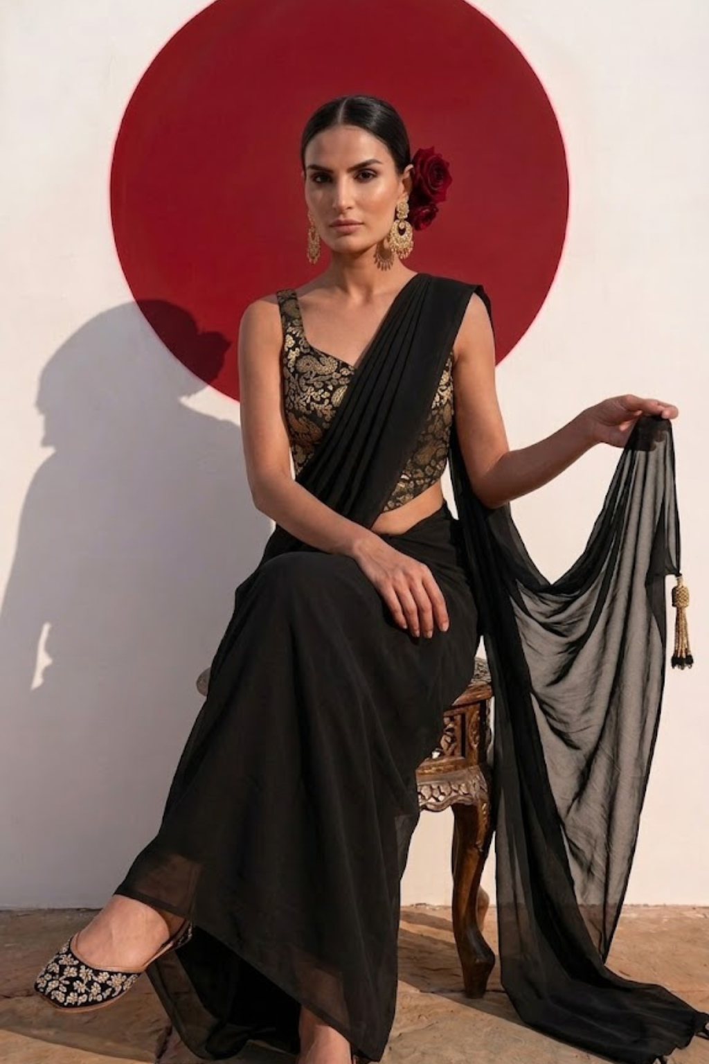 With Stitched Blouse - Black Brocade Blouse with Black Chiffon Saree (Blouse has sleeve attached)