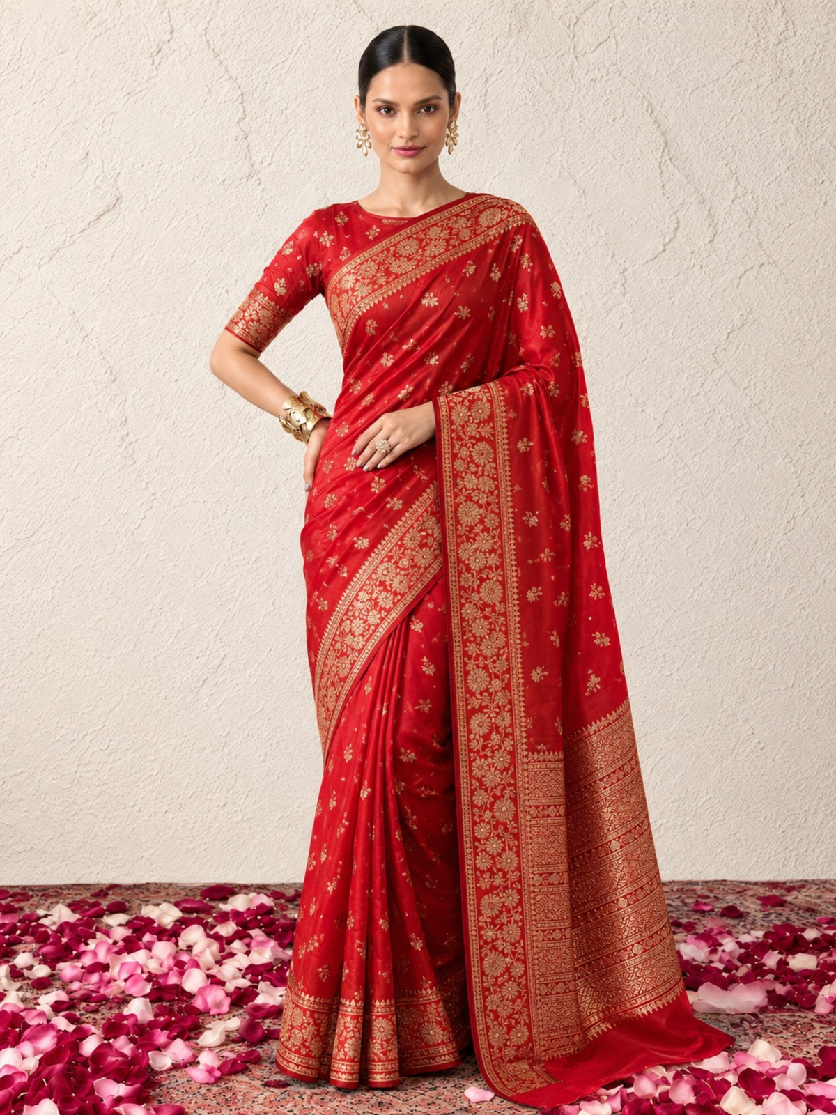 Red Pure Silk Saree with Meenakari and Blouse Fabric