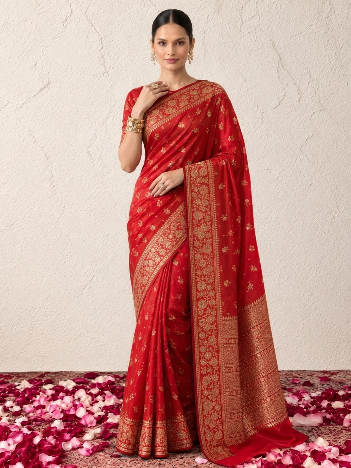 Red Pure Silk Saree with Meenakari and Blouse Fabric
