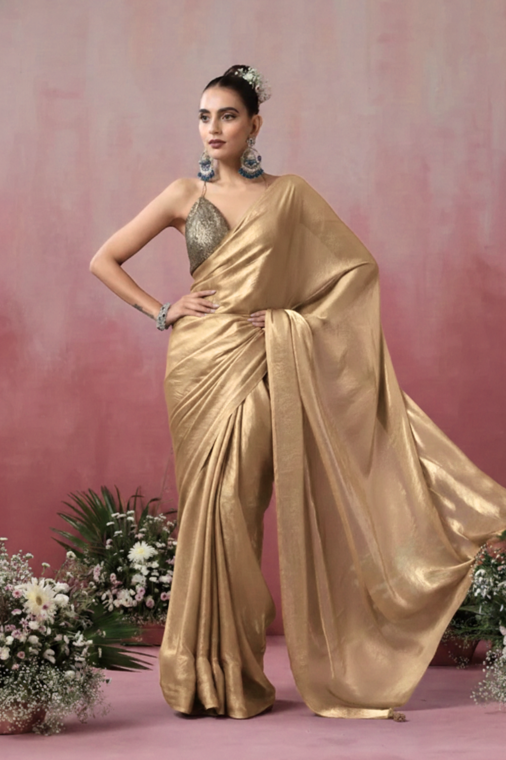 Champagne Gold Chiffon Saree with Pendants with Self Blouse Fabric