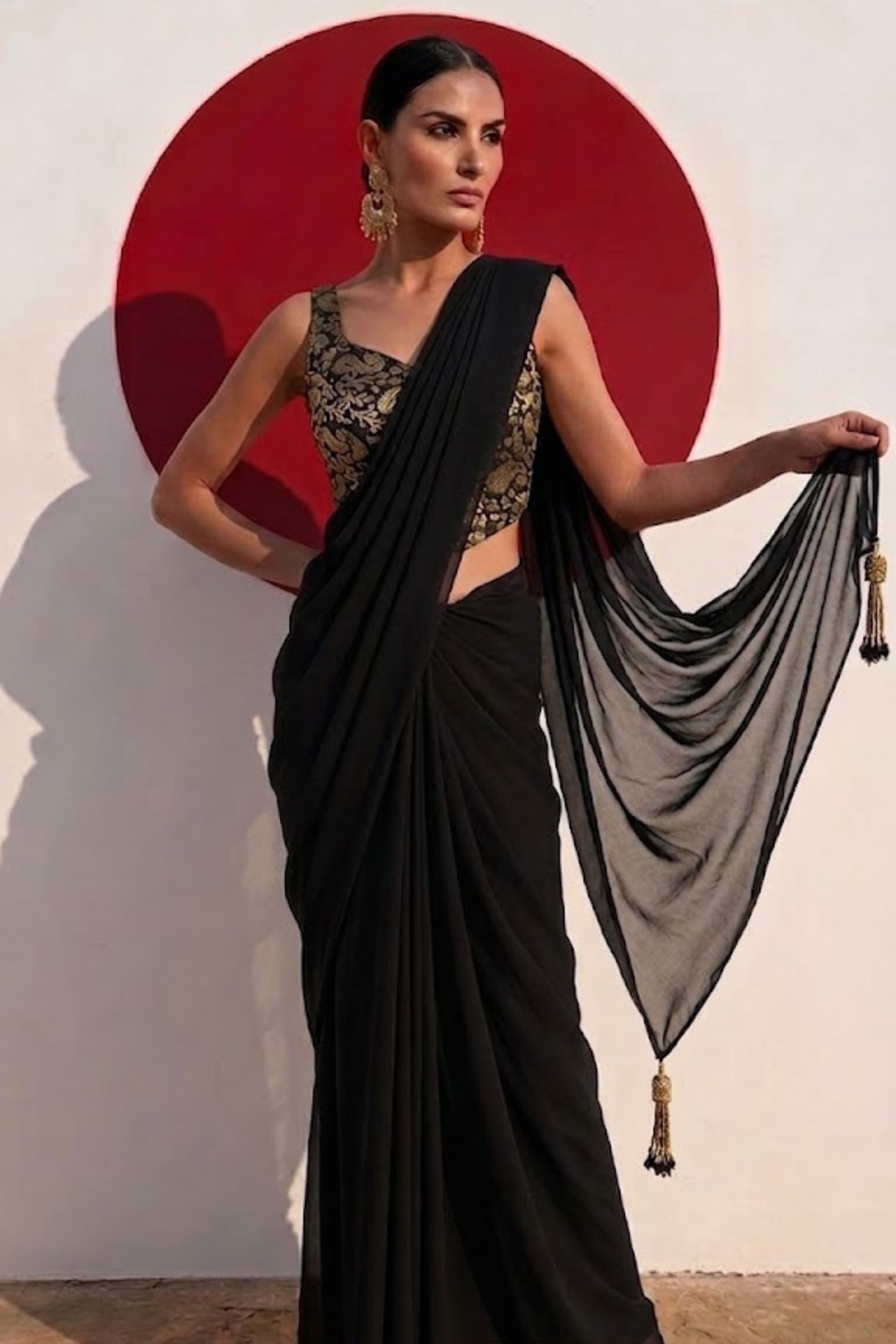 With Stitched Blouse - Black Brocade Blouse with Black Chiffon Saree (Blouse has sleeve attached)