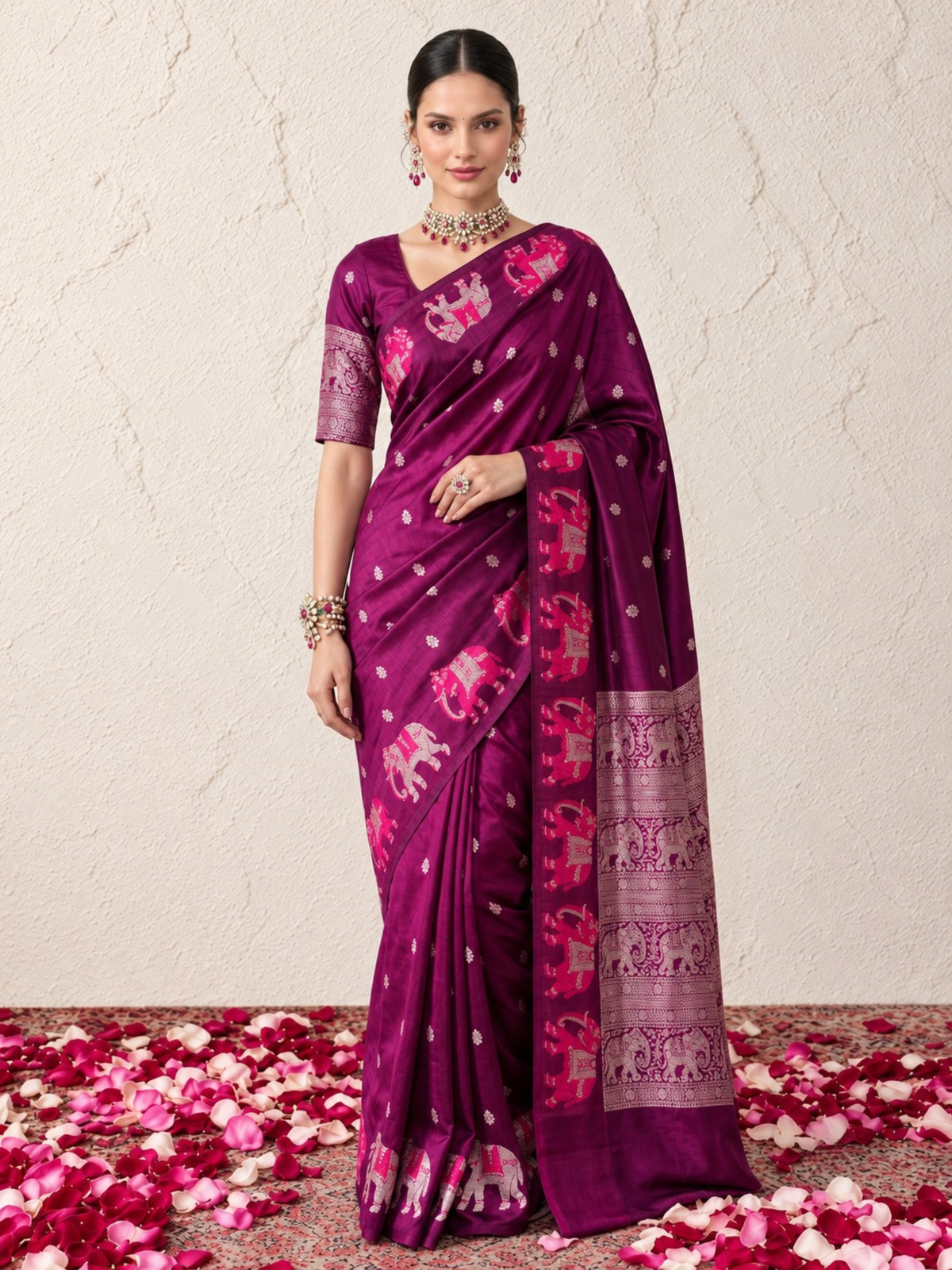 Wine Pure Silk Saree with Pink Silver Elephant Border and Blouse Fabric