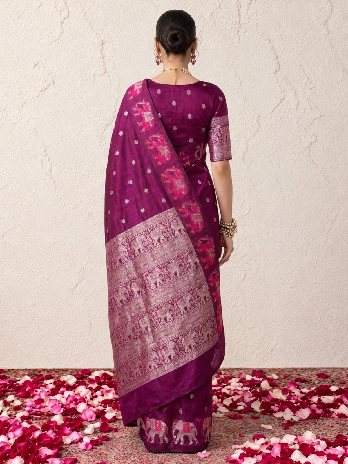 Wine Pure Silk Saree with Pink Silver Elephant Border and Blouse Fabric