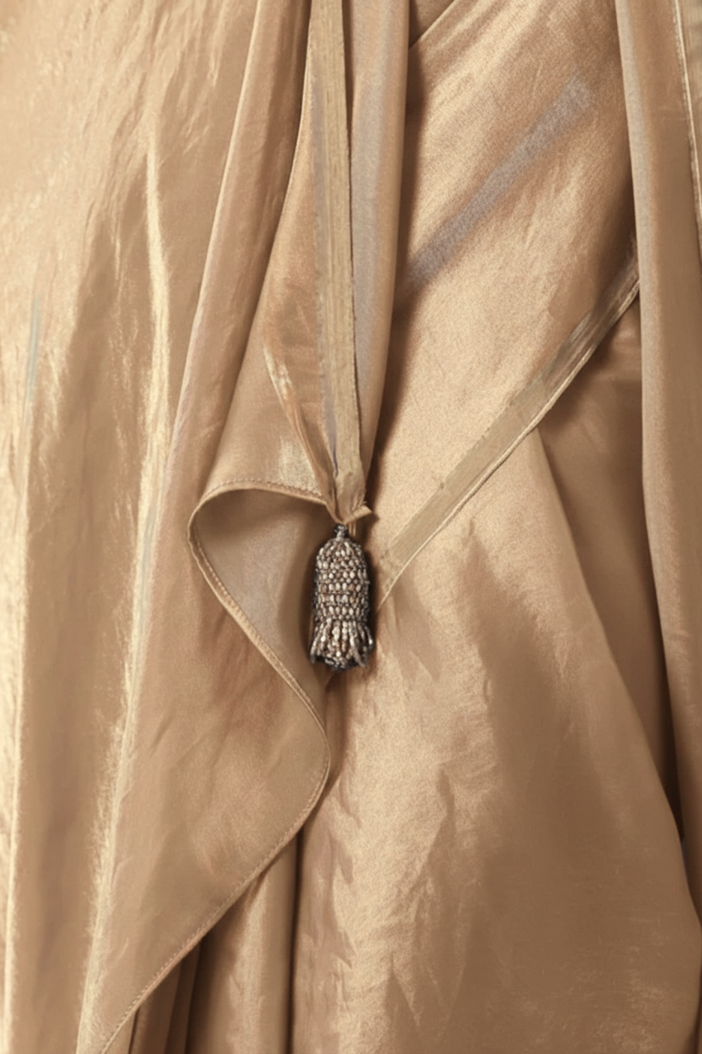 Champagne Gold Chiffon Saree with Pendants with Self Blouse Fabric