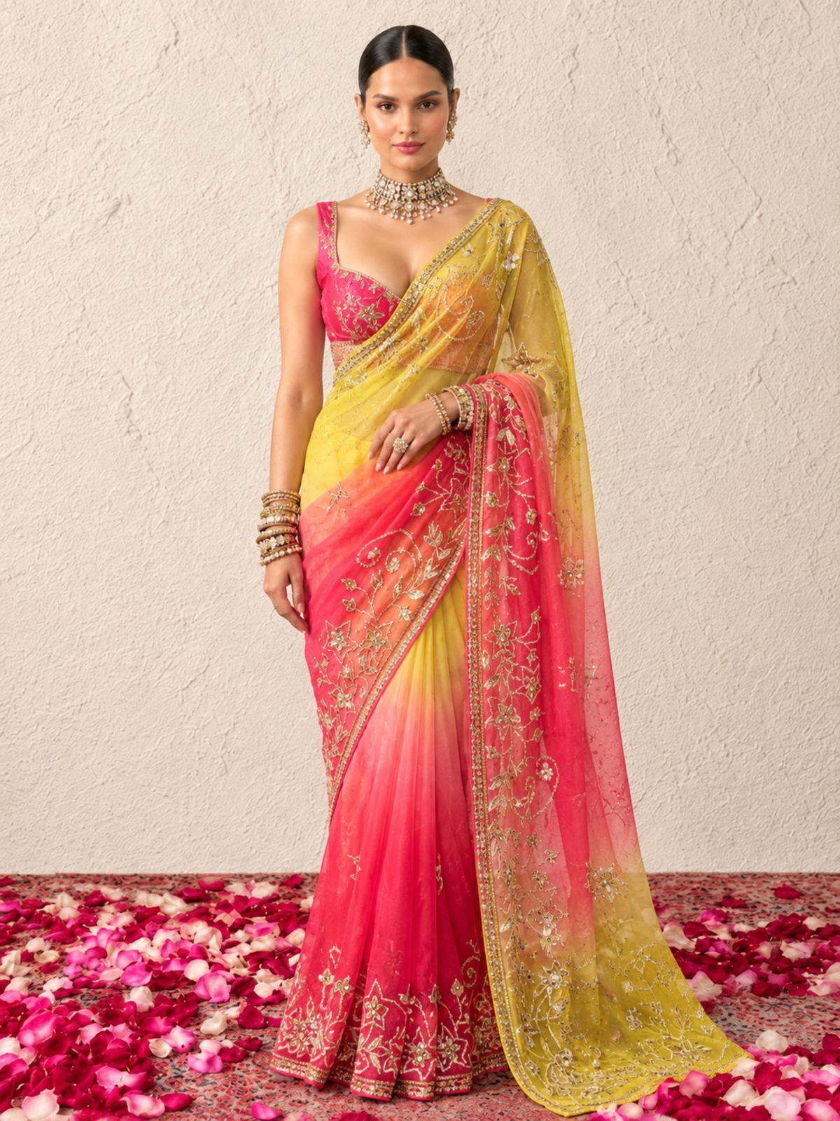 Pink and Yellow Ombre Gota Patti Kairi Border Pure Silk Chiffon Saree with Crepe Blouse Fabric