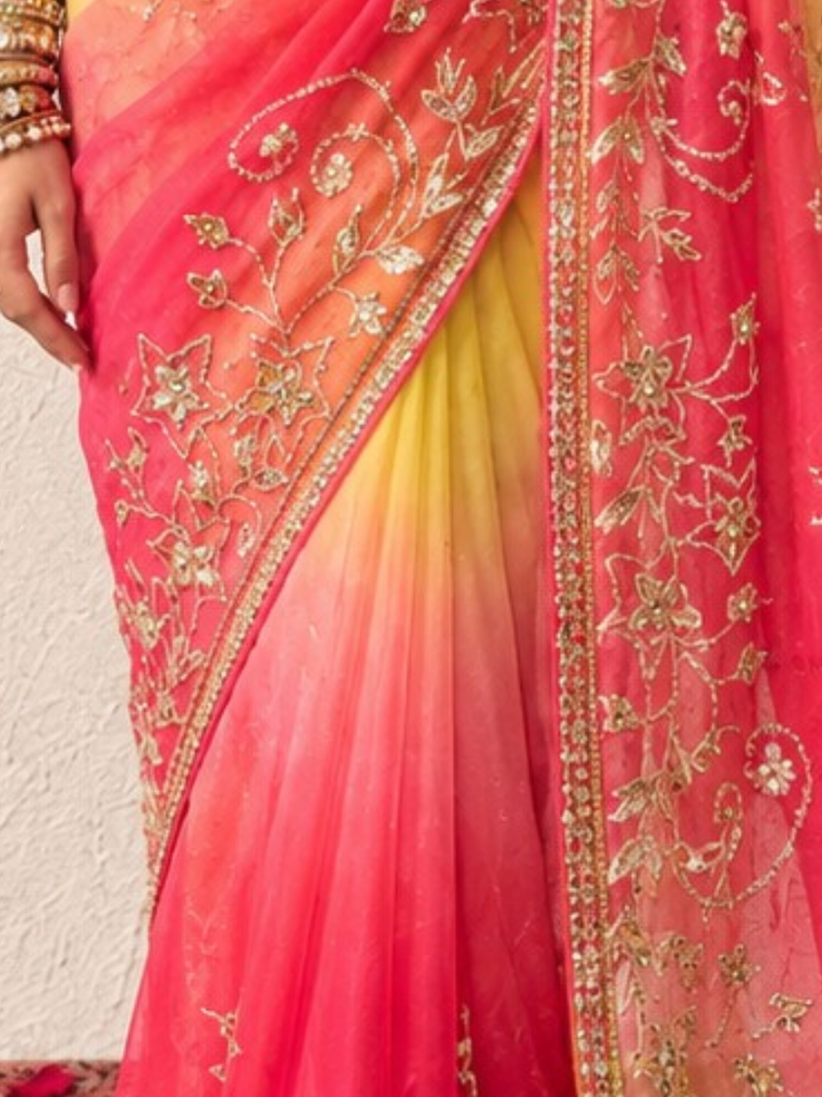 Pink and Yellow Ombre Gota Patti Kairi Border Pure Silk Chiffon Saree with Crepe Blouse Fabric