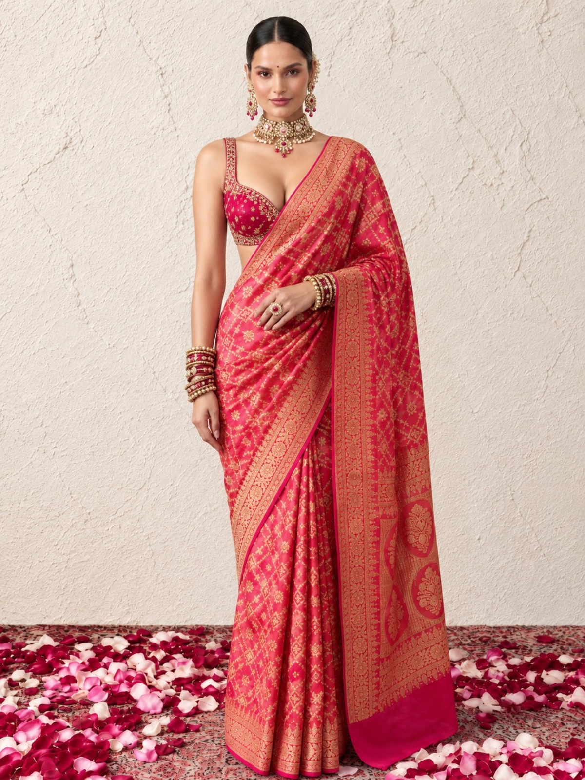 Pink Khaddi Georgette with Fuchsia Orange Design and Blouse Fabric