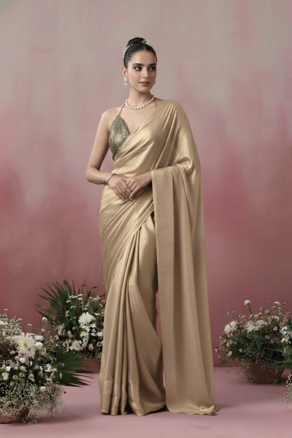 Champagne Gold Chiffon Saree with Pendants with Self Blouse Fabric