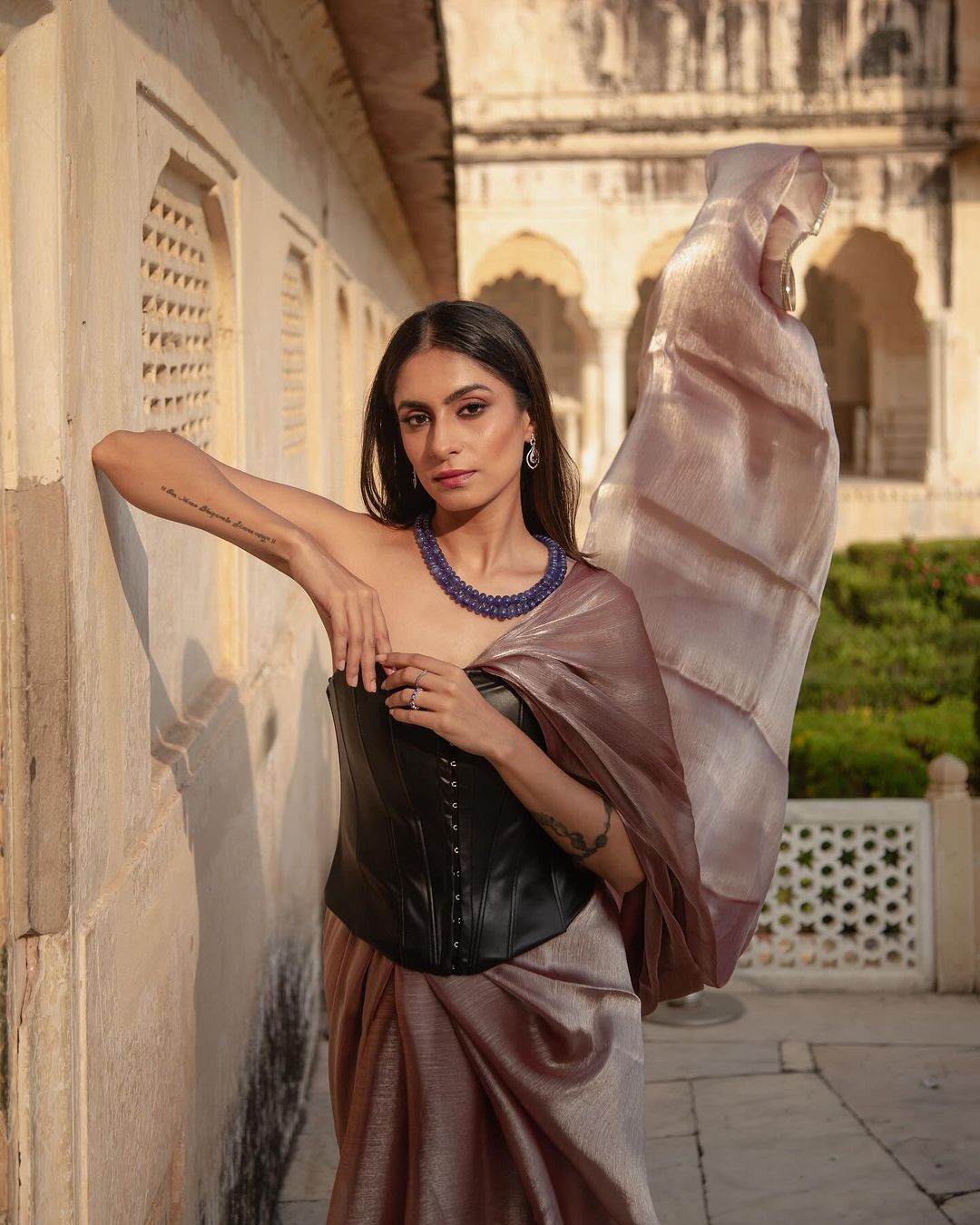 Peach Silver Pearl Silky Organza Saree with Diamond Lace and Self Blouse Fabric