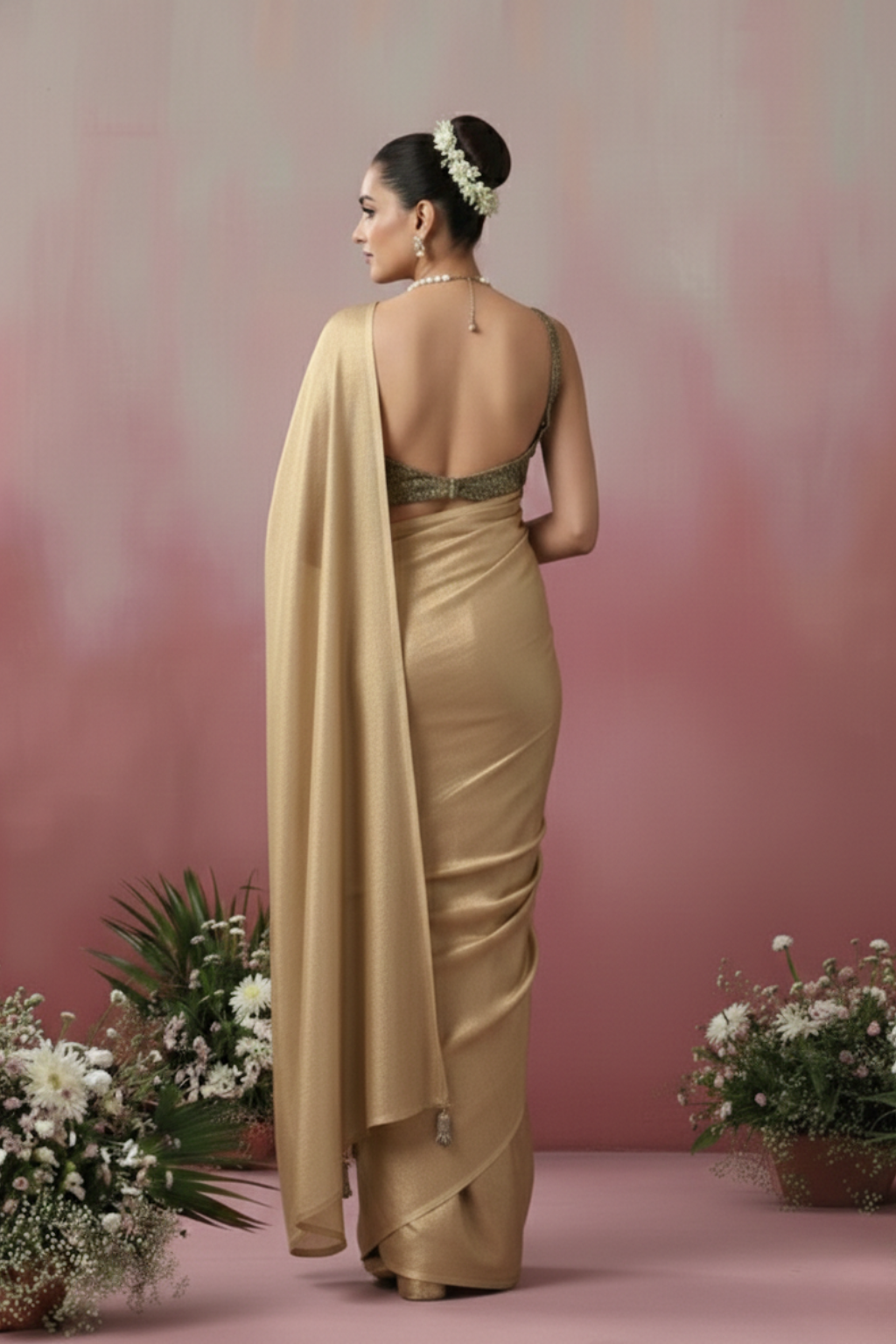 Champagne Gold Chiffon Saree with Pendants with Self Blouse Fabric