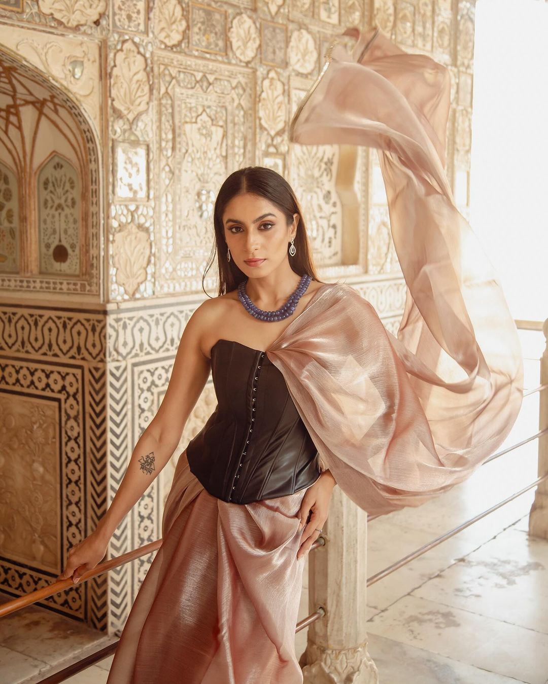 Peach Silver Pearl Silky Organza Saree with Diamond Lace and Self Blouse Fabric