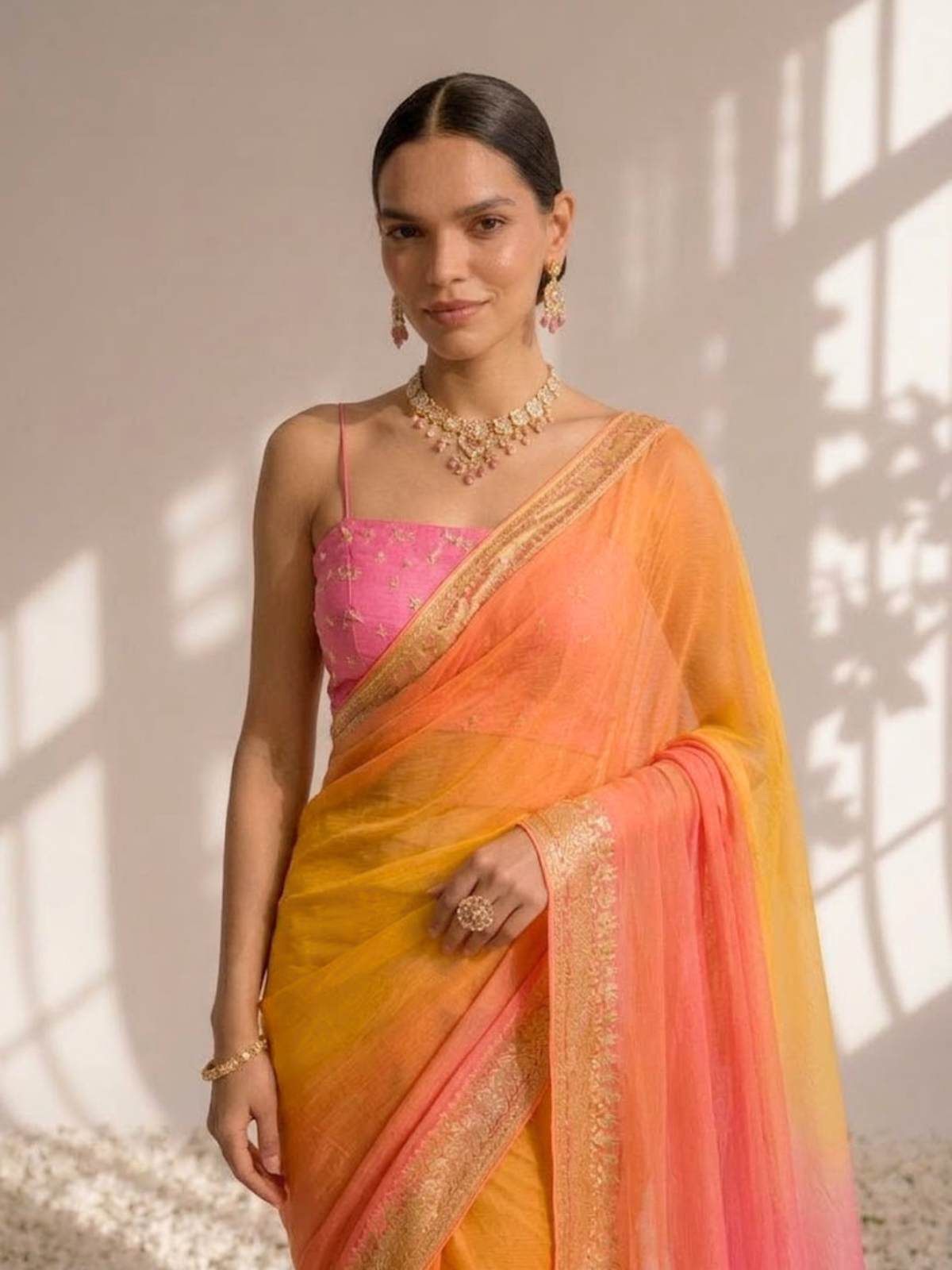 Pink and Yellow Jacquard Chiffon Hand Dyed Ombre Saree with Blouse Fabric