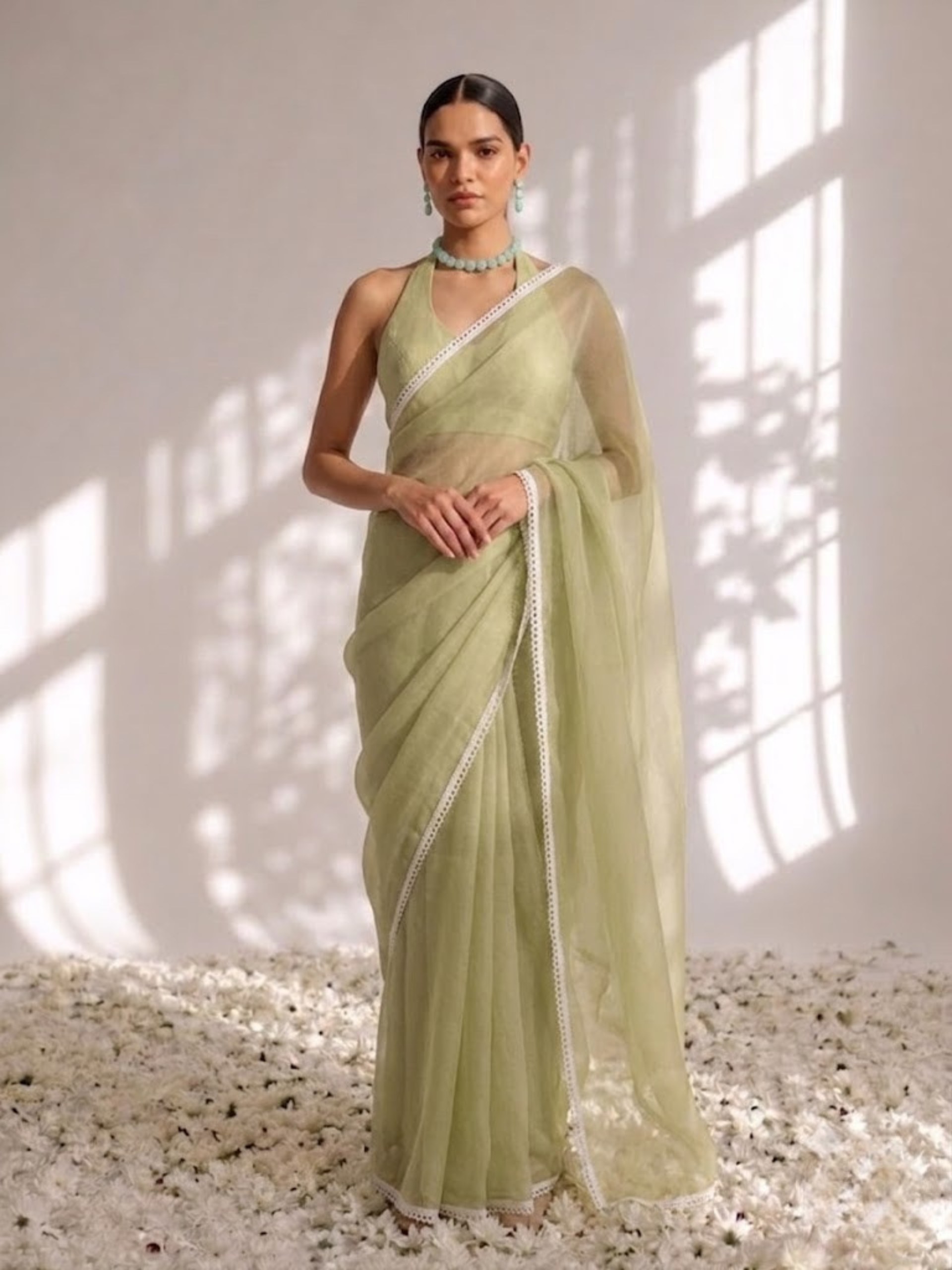 Sage Chiffon Saree with White Lace and Self Blouse Fabric