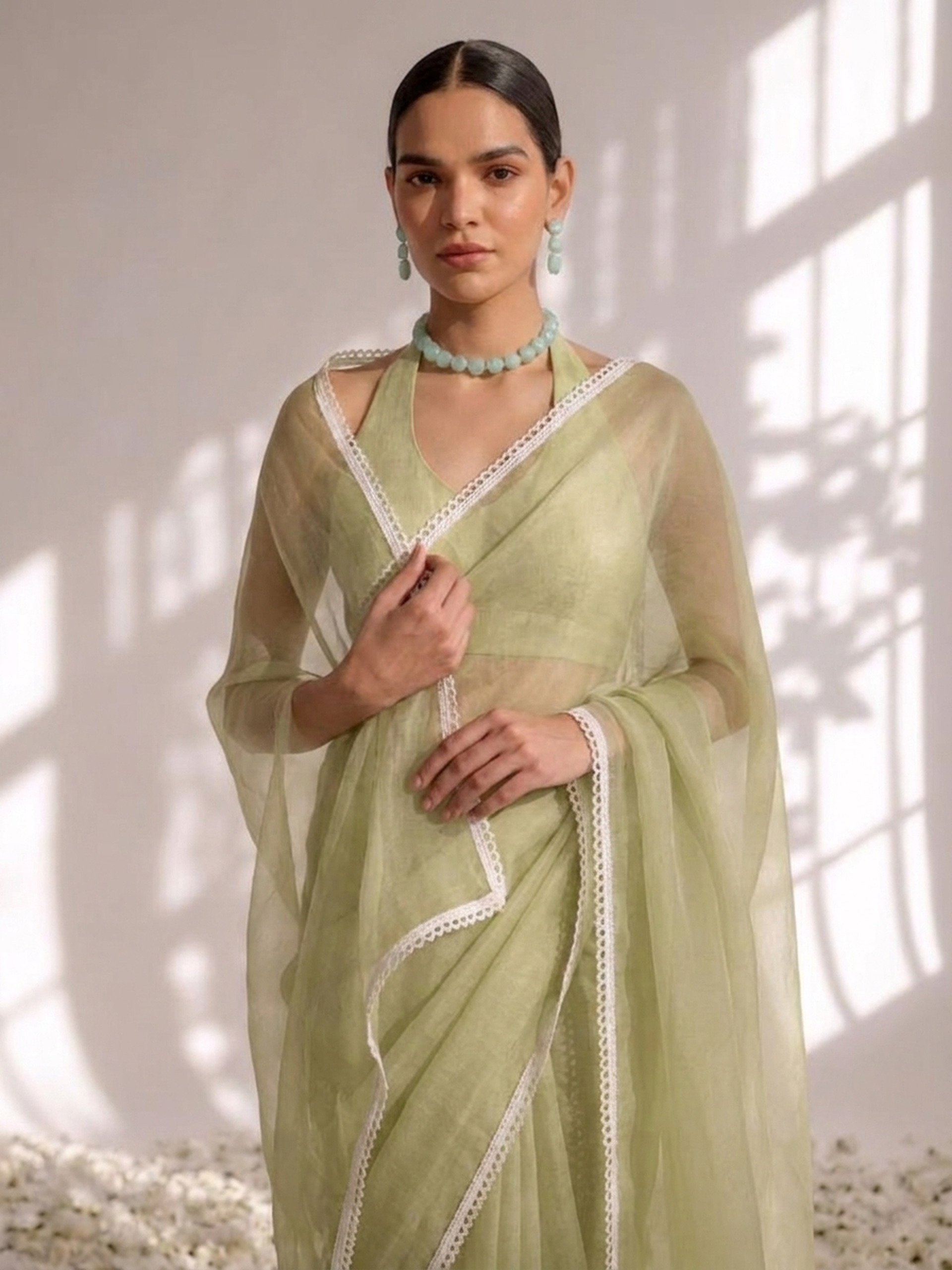 Sage Chiffon Saree with White Lace and Self Blouse Fabric