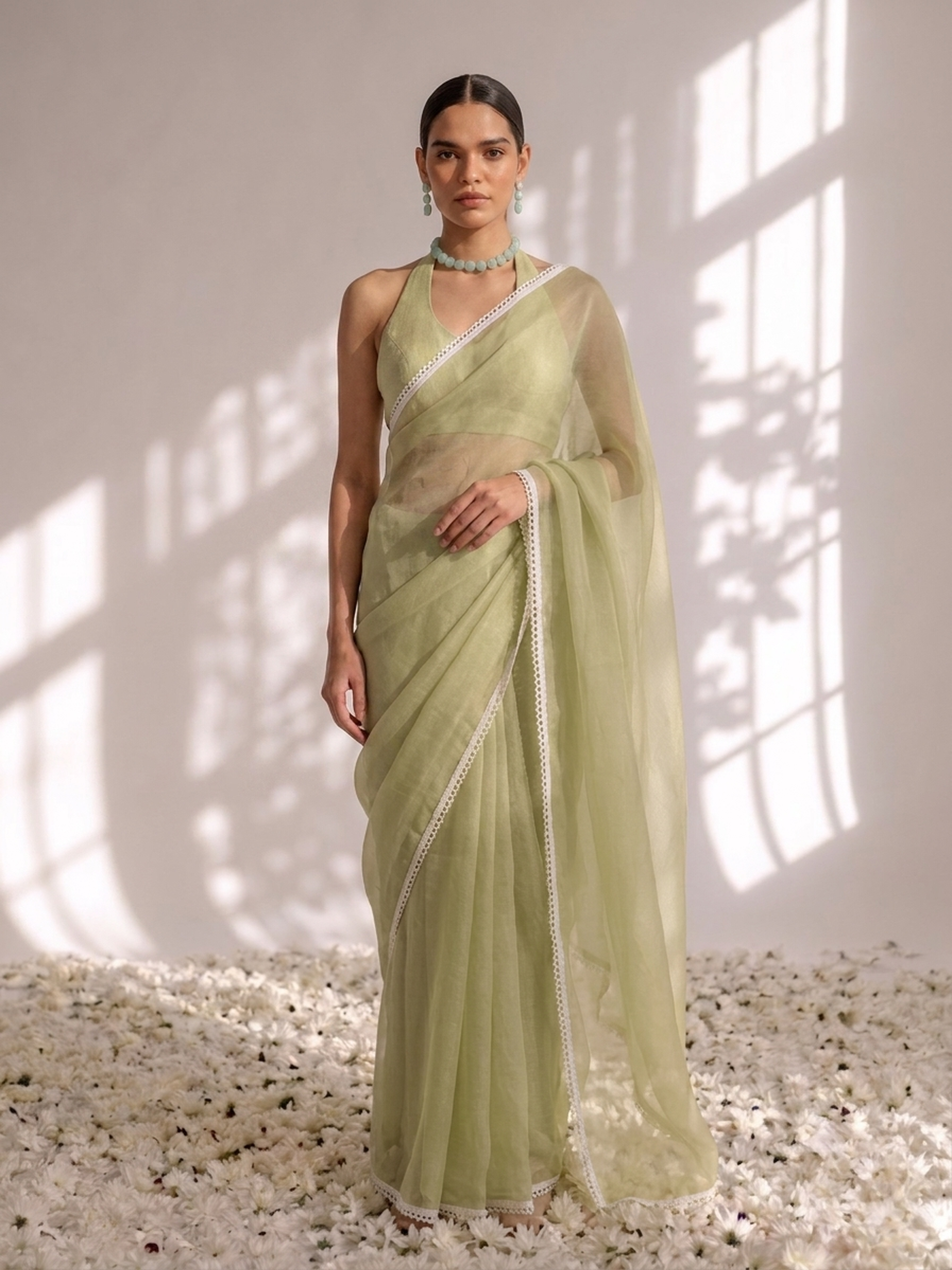 Sage Chiffon Saree with White Lace and Self Blouse Fabric