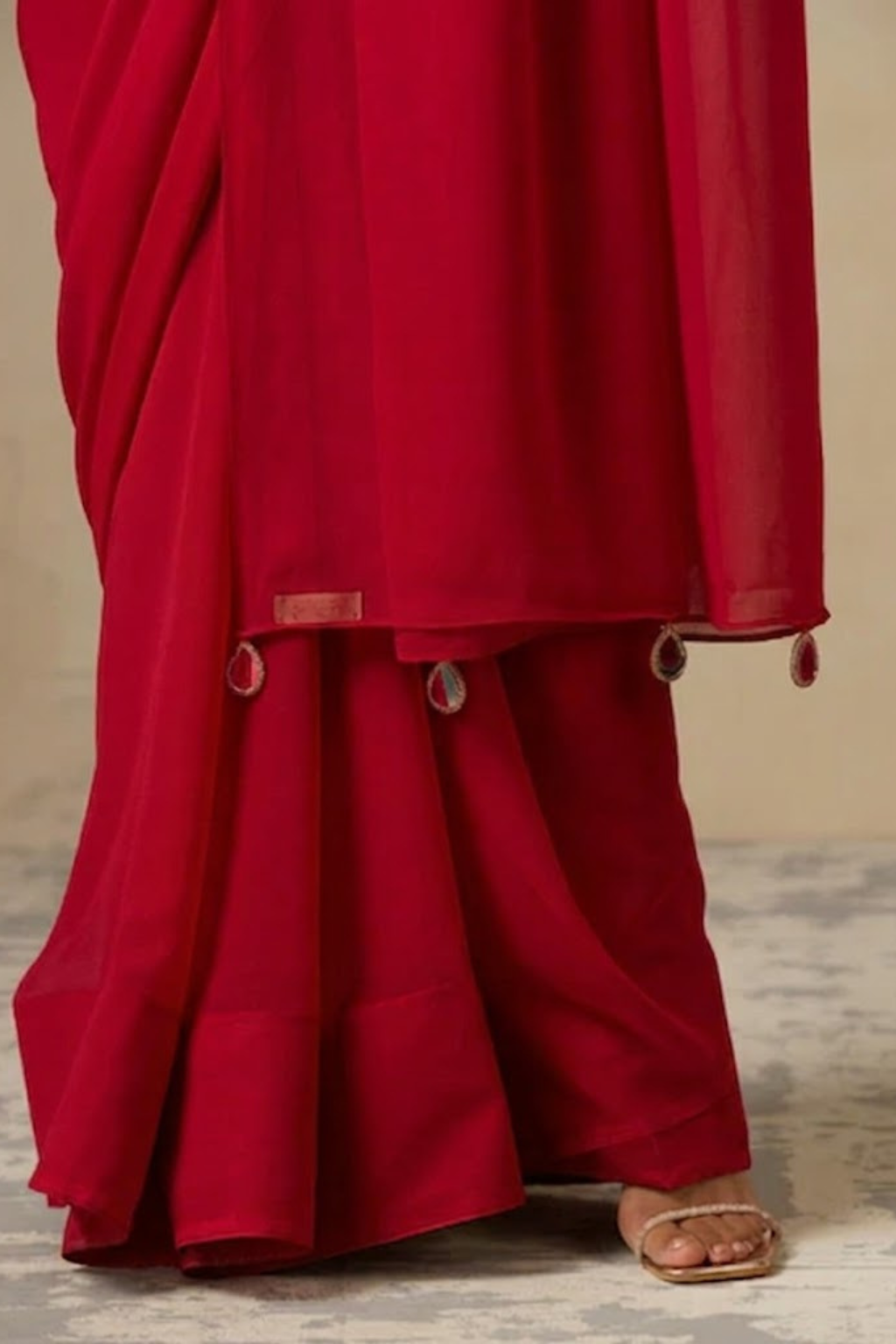 With Stitched Blouse -Red Brocade Blouse with Red Chiffon Saree (Blouse has sleeve attached)