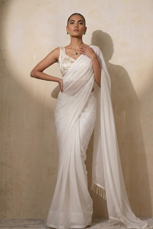 With Stitched Blouse - White Brocade Blouse with White Chiffon Saree (Blouse has sleeve attached)