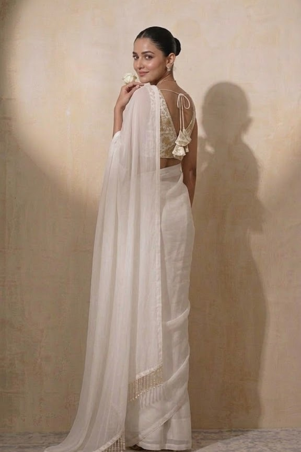 With Stitched Blouse - White Brocade Blouse with White Chiffon Saree (Blouse has sleeve attached)