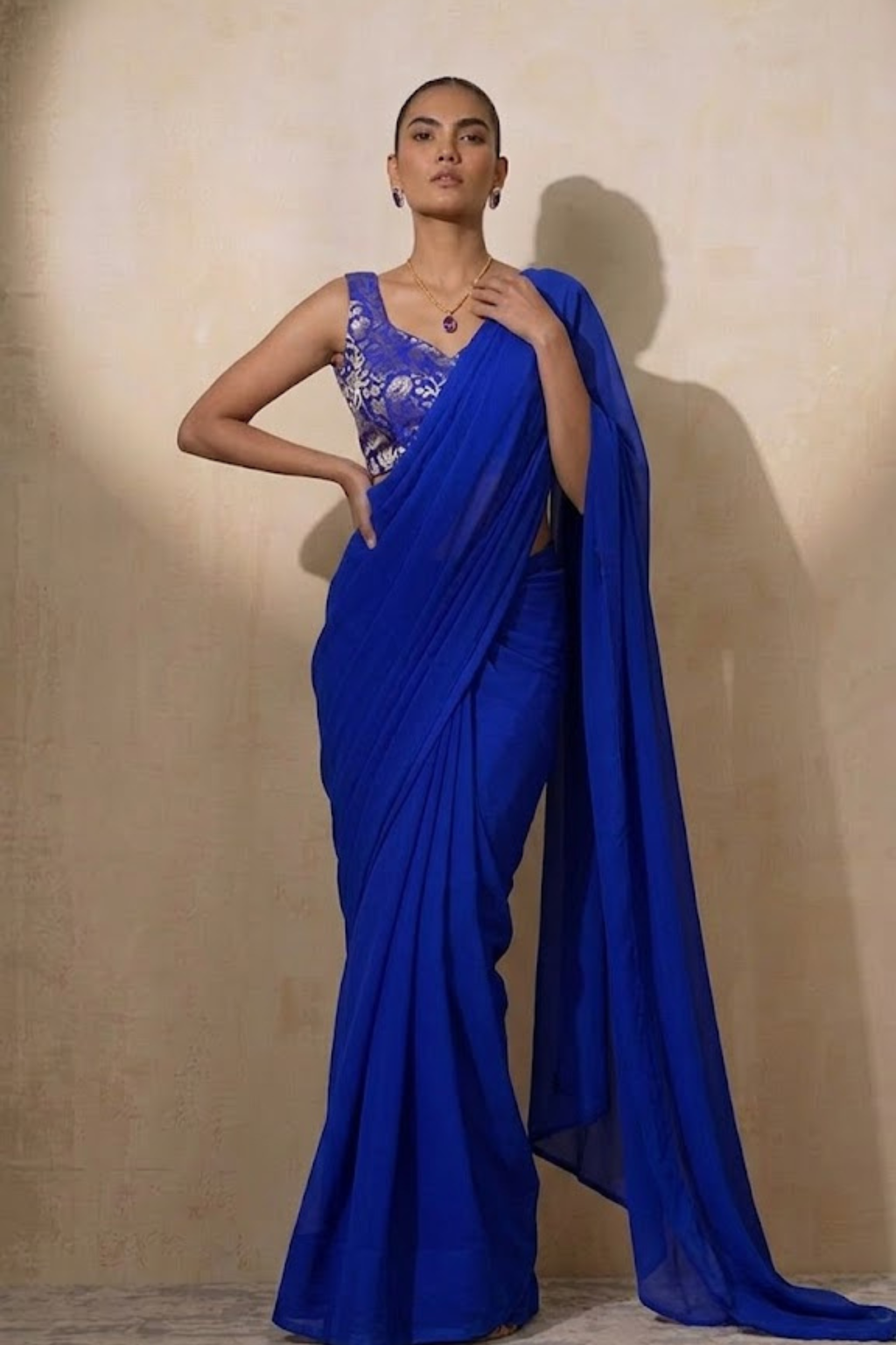 With Stitched Blouse - Blue Brocade Blouse with Royal Blue Chiffon Saree (Blouse has sleeve attached)