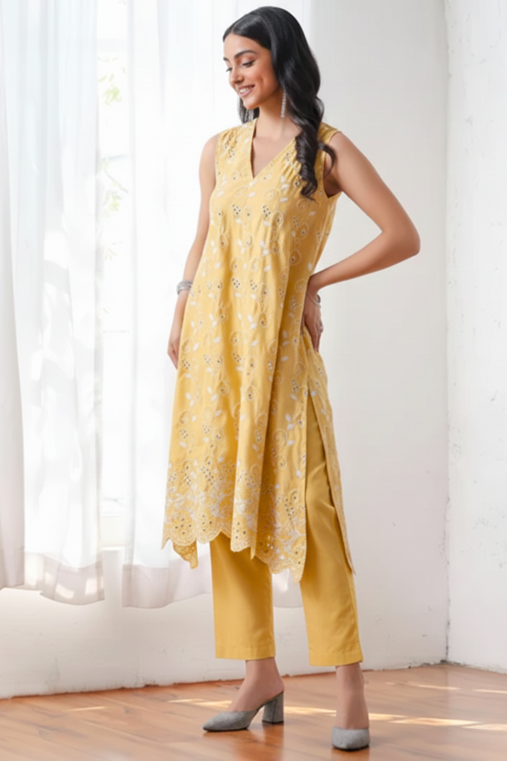 2 Pc Set - Sunshine Yellow Cotton Allover Embroidered Schffli Sleeveless Kurta with Pants