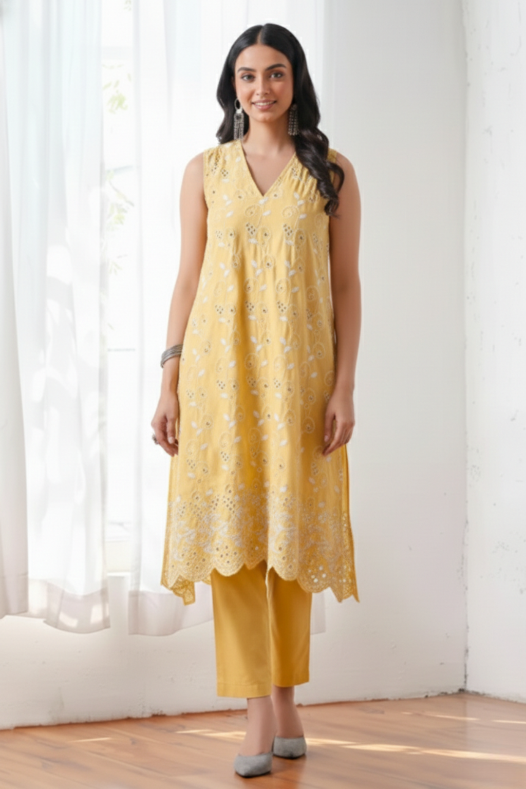 2 Pc Set - Sunshine Yellow Cotton Allover Embroidered Schffli Sleeveless Kurta with Pants