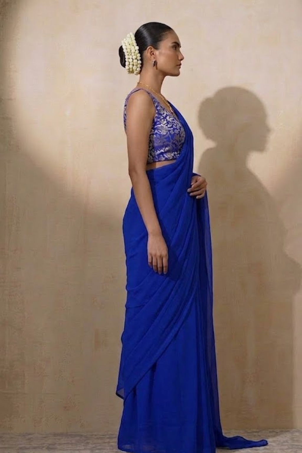 With Stitched Blouse - Blue Brocade Blouse with Royal Blue Chiffon Saree (Blouse has sleeve attached)