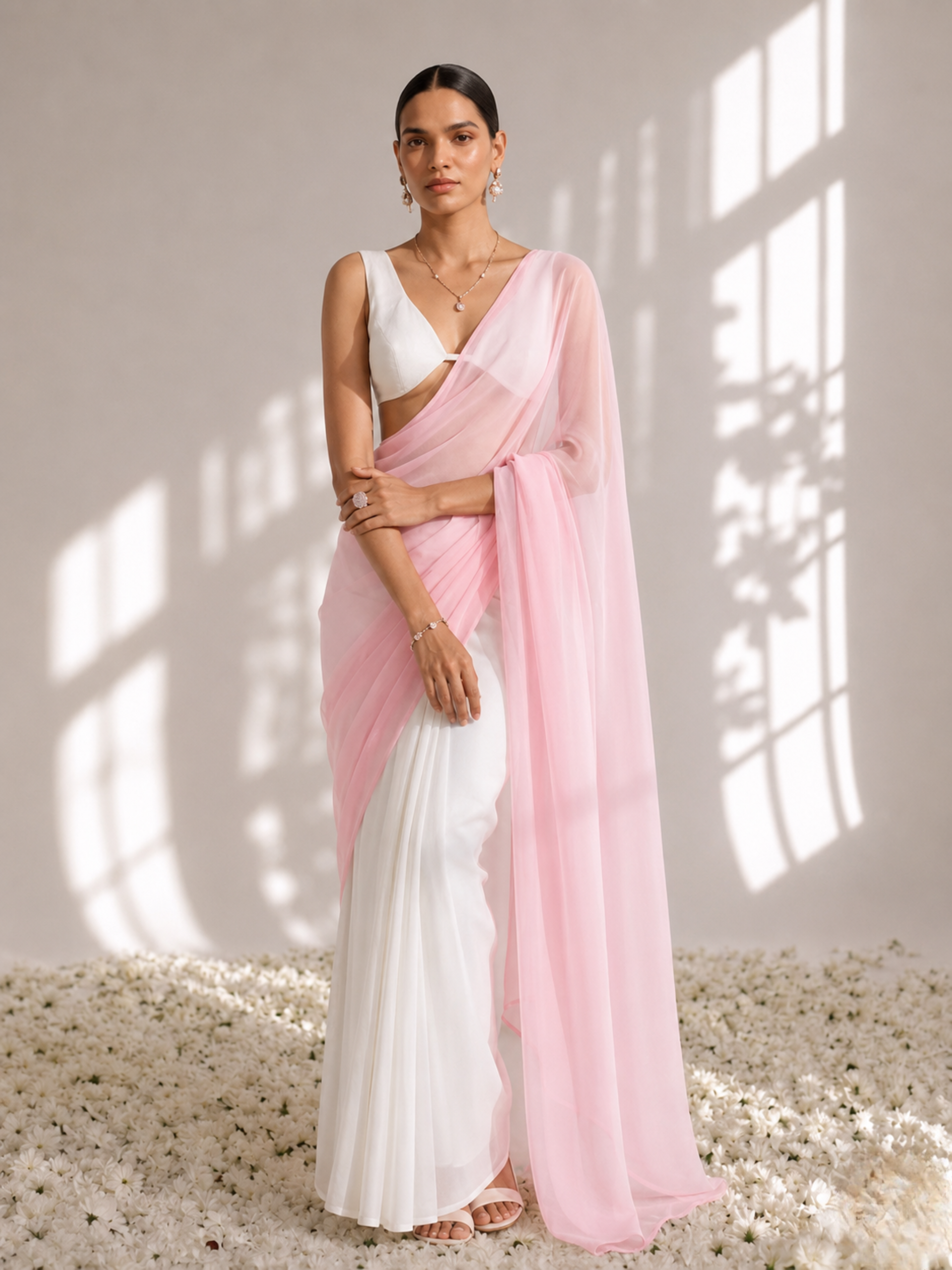 White with Pink Chiffon Saree and Blouse Fabric