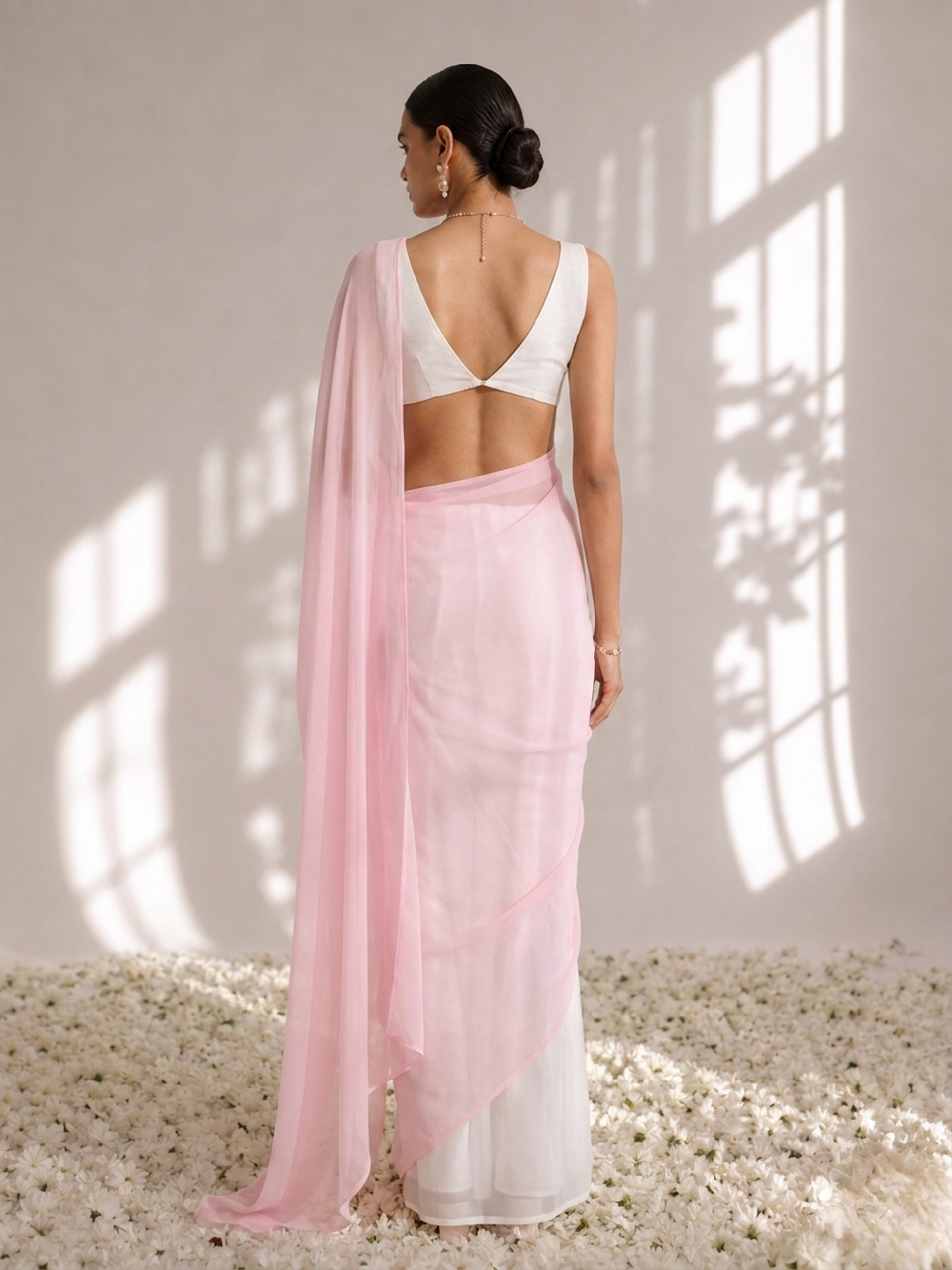 White with pink chiffon saree and blouse fabric — view 5