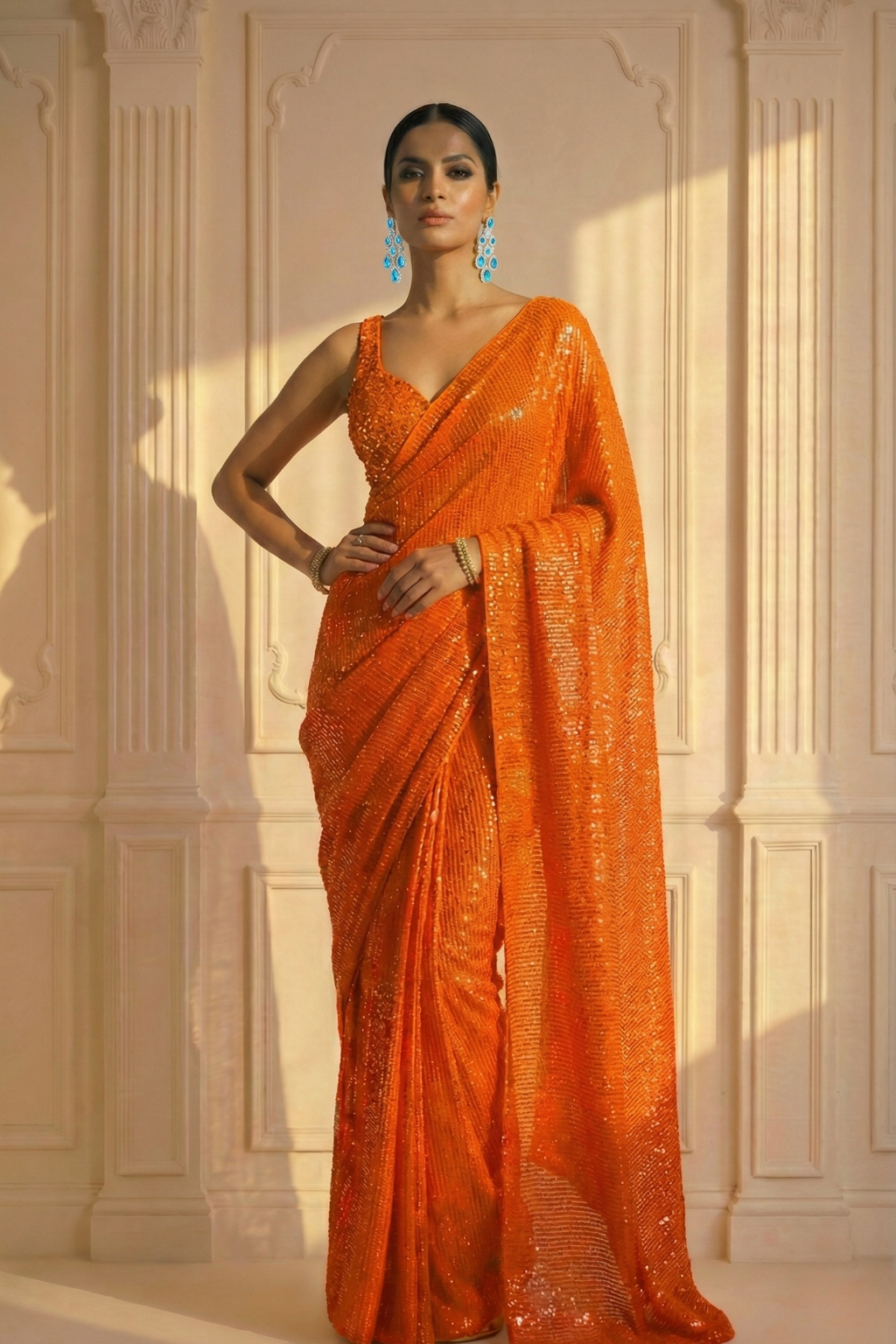 Tangerine Knitted Sequin Saree with Blouse Fabric