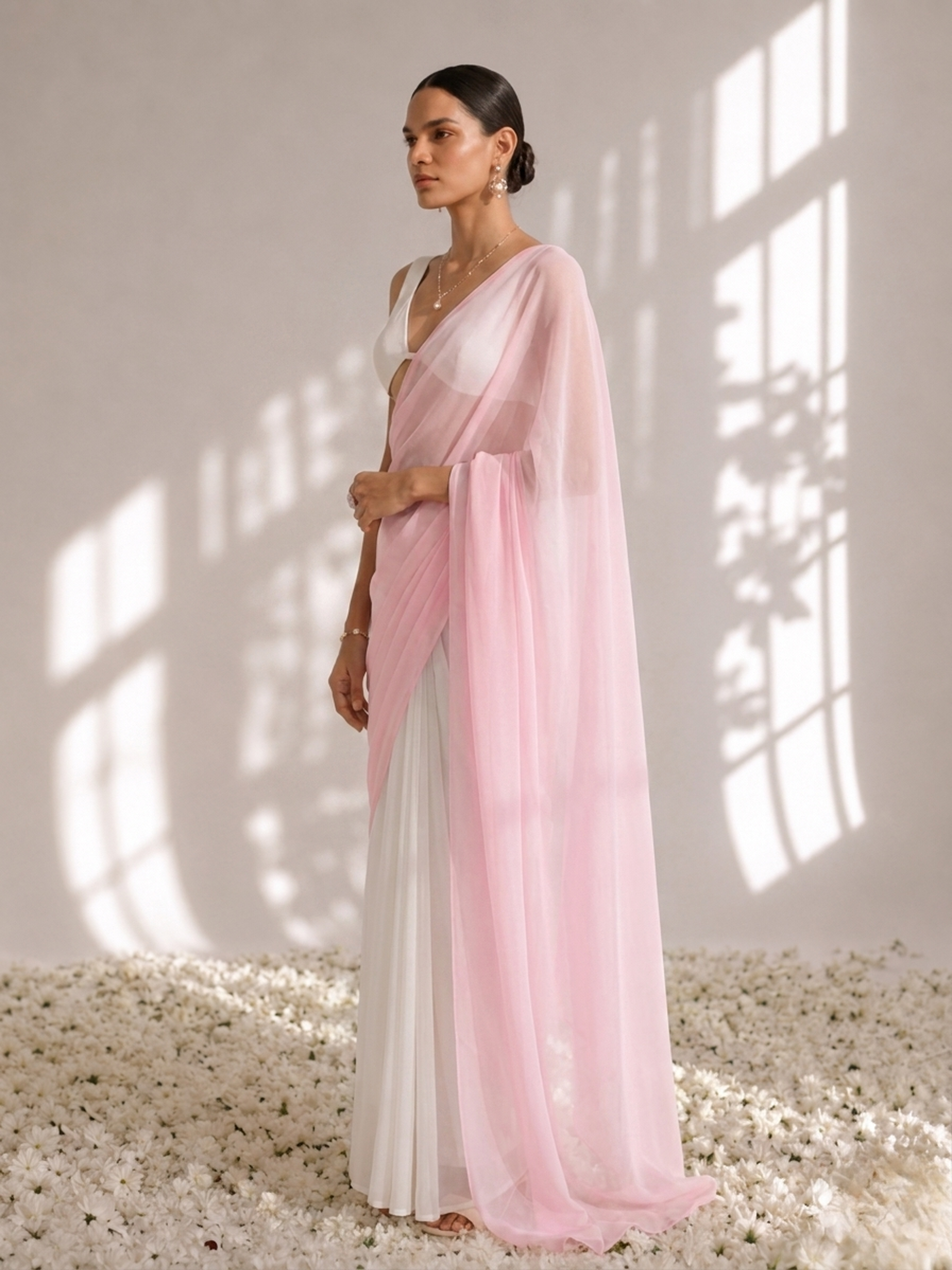 White with pink chiffon saree and blouse fabric — view 4