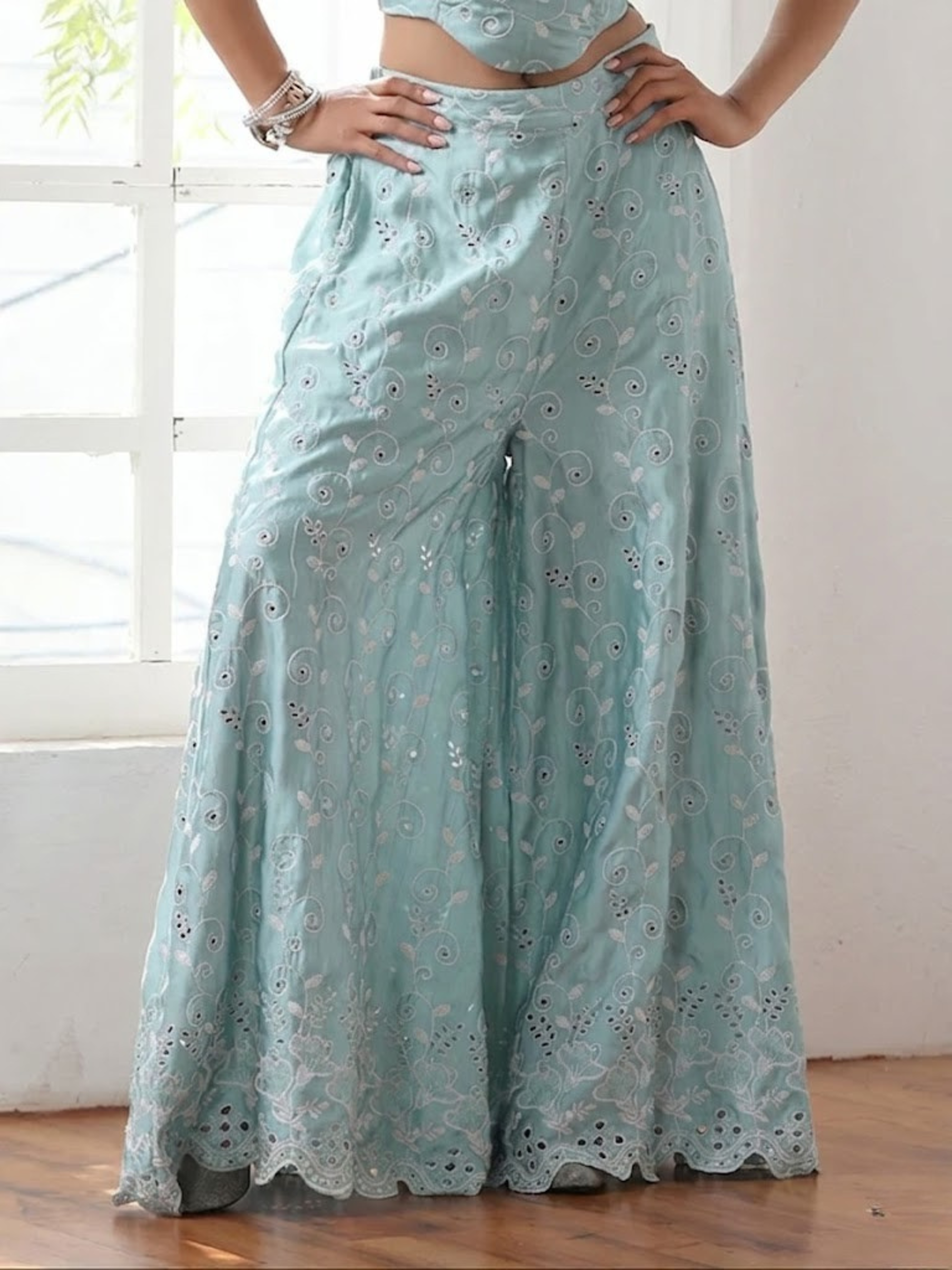 Women’s Blue All Over Schiffli Palazzo | 1 Pc, PRF'T Lux Duchess Satin Fabric, Allover Schiffli Embroidery, Festive Party Wear